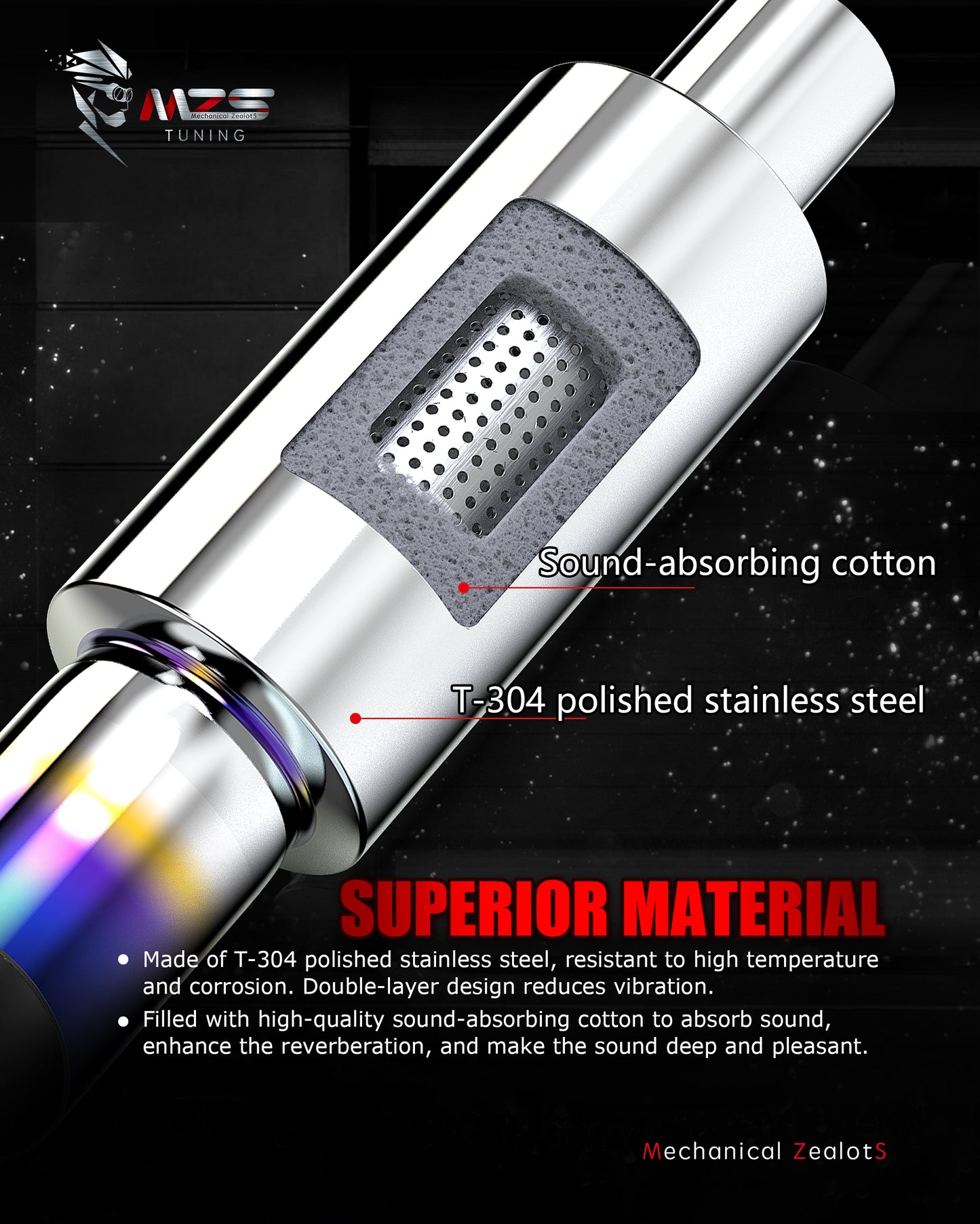MZS Exhaust Muffler, 2" Inlet 3" Outlet 15" Length - Straight Through Universal