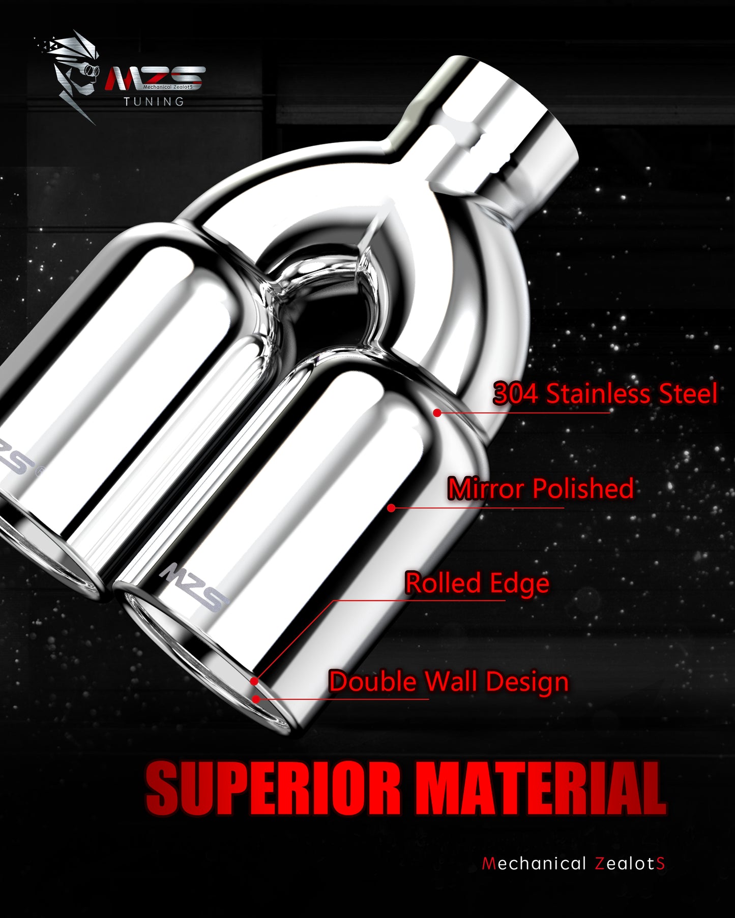 MZS Exhaust Tip, 2.5" Inlet 3.5" Outlet 9.5" Length Tailpipe Universal - Stainless Steel - 2PCS