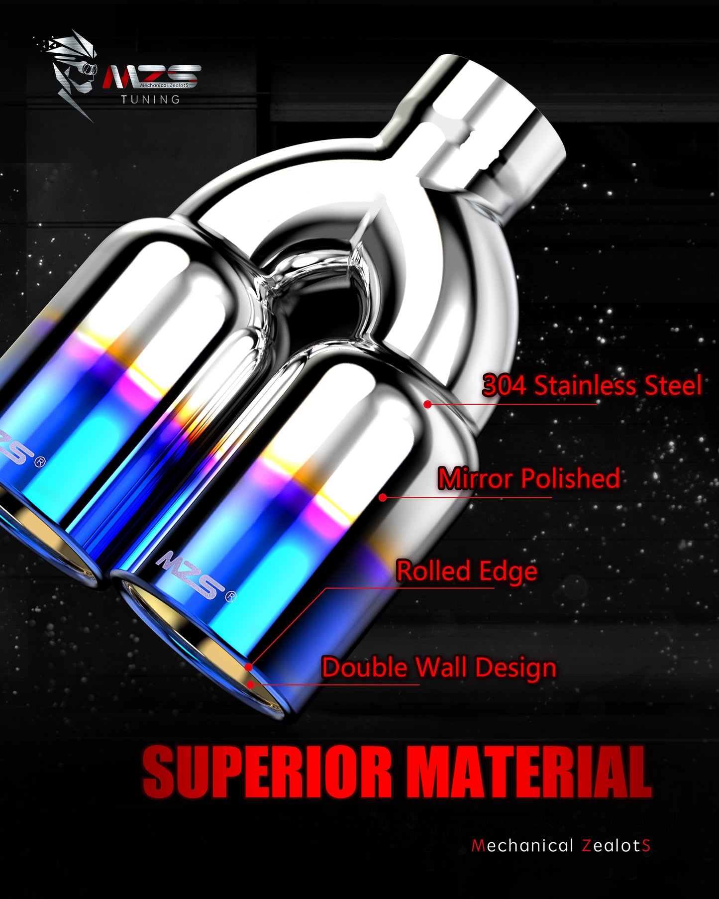 MZS Exhaust Tip, 2.5" Inlet 3.5" Outlet 9.5" Length Tailpipe Universal - Stainless Steel - 2PCS