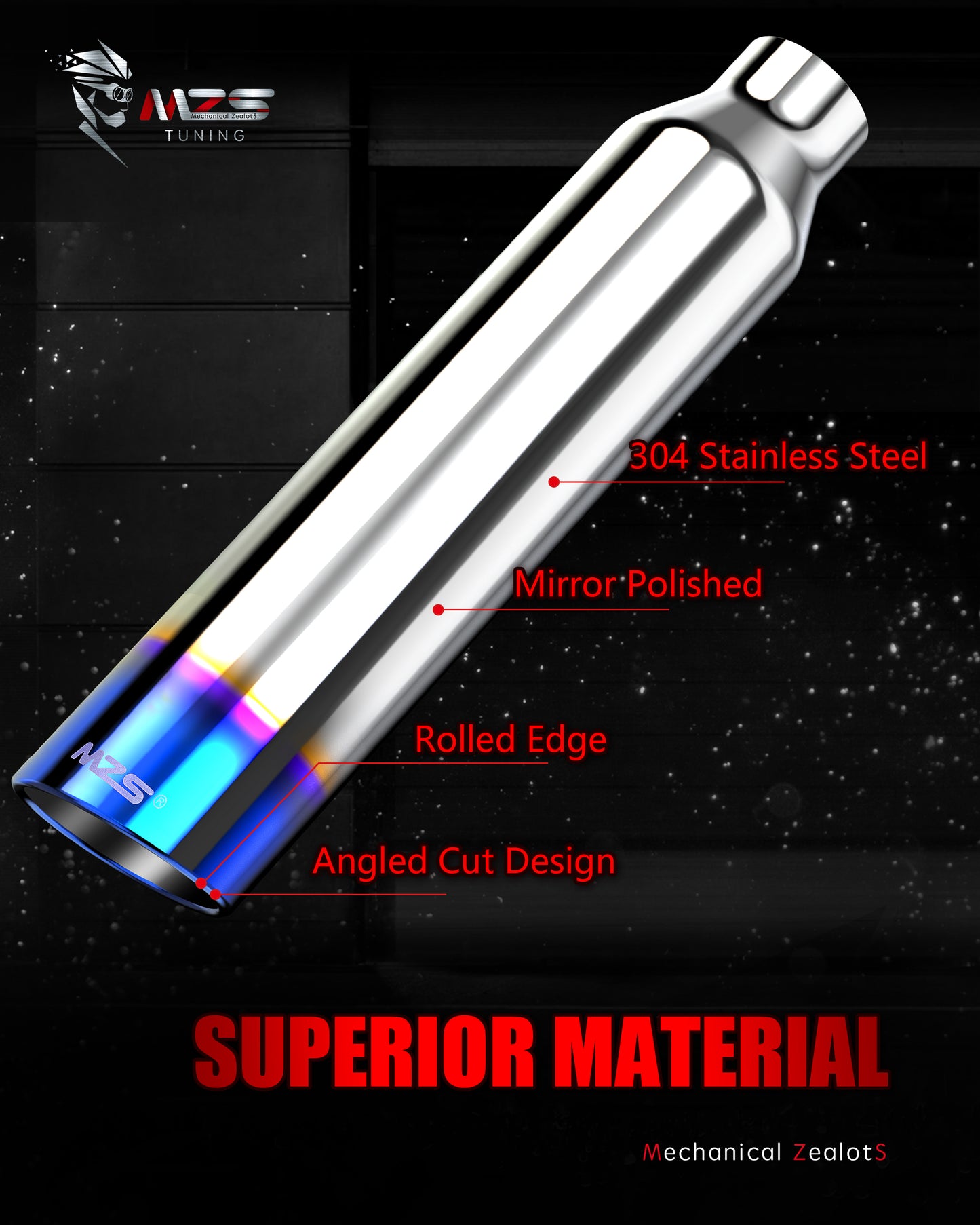 MZS Exhaust Tip, 2.5" Inlet 4" Outlet 18" Length Tailpipe Universal - Stainless Steel - 2PCS