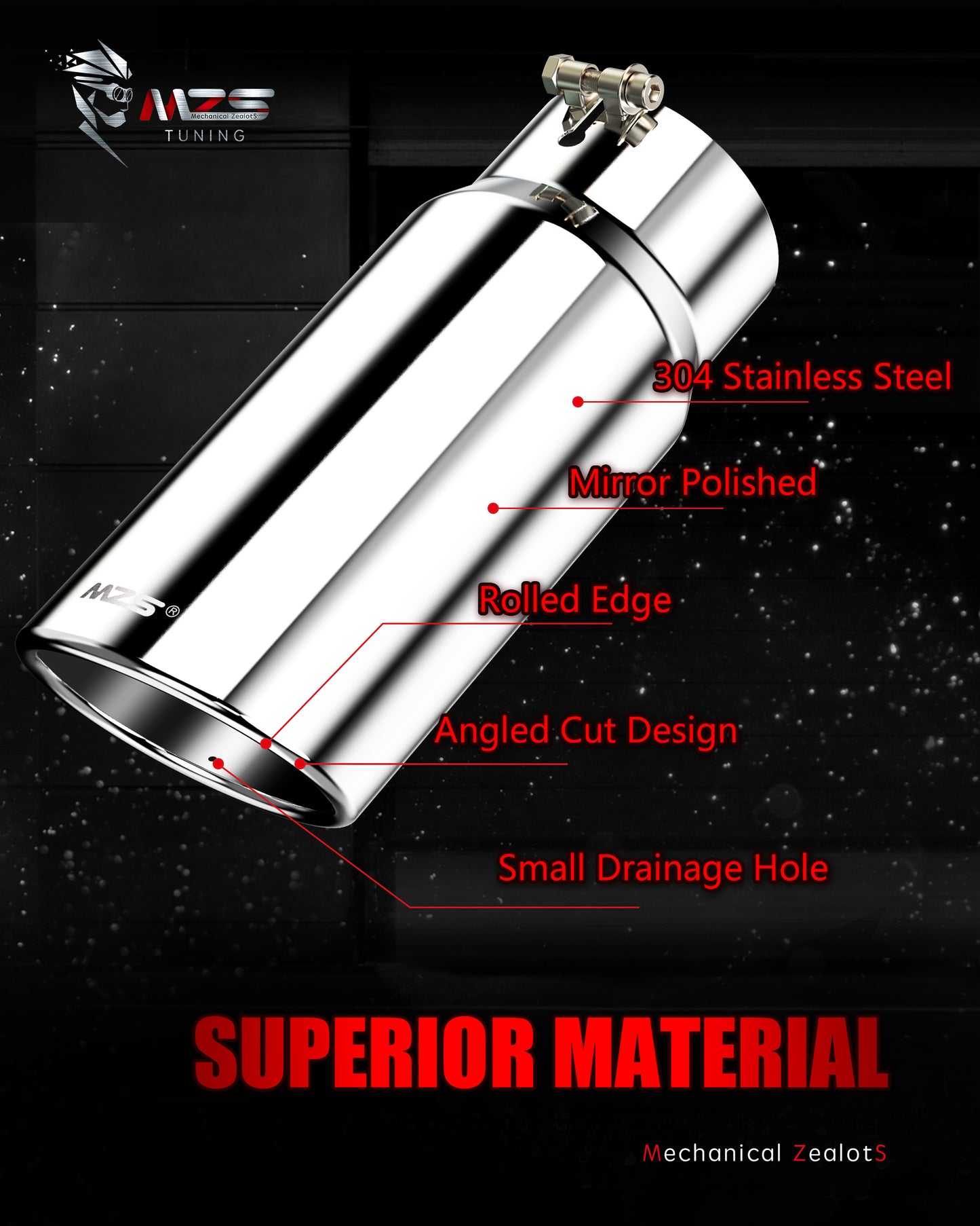 MZS Exhaust Tip - 5" Inlet 6" Outlet 15" Length Tailpipe Universal - Stainless Steel