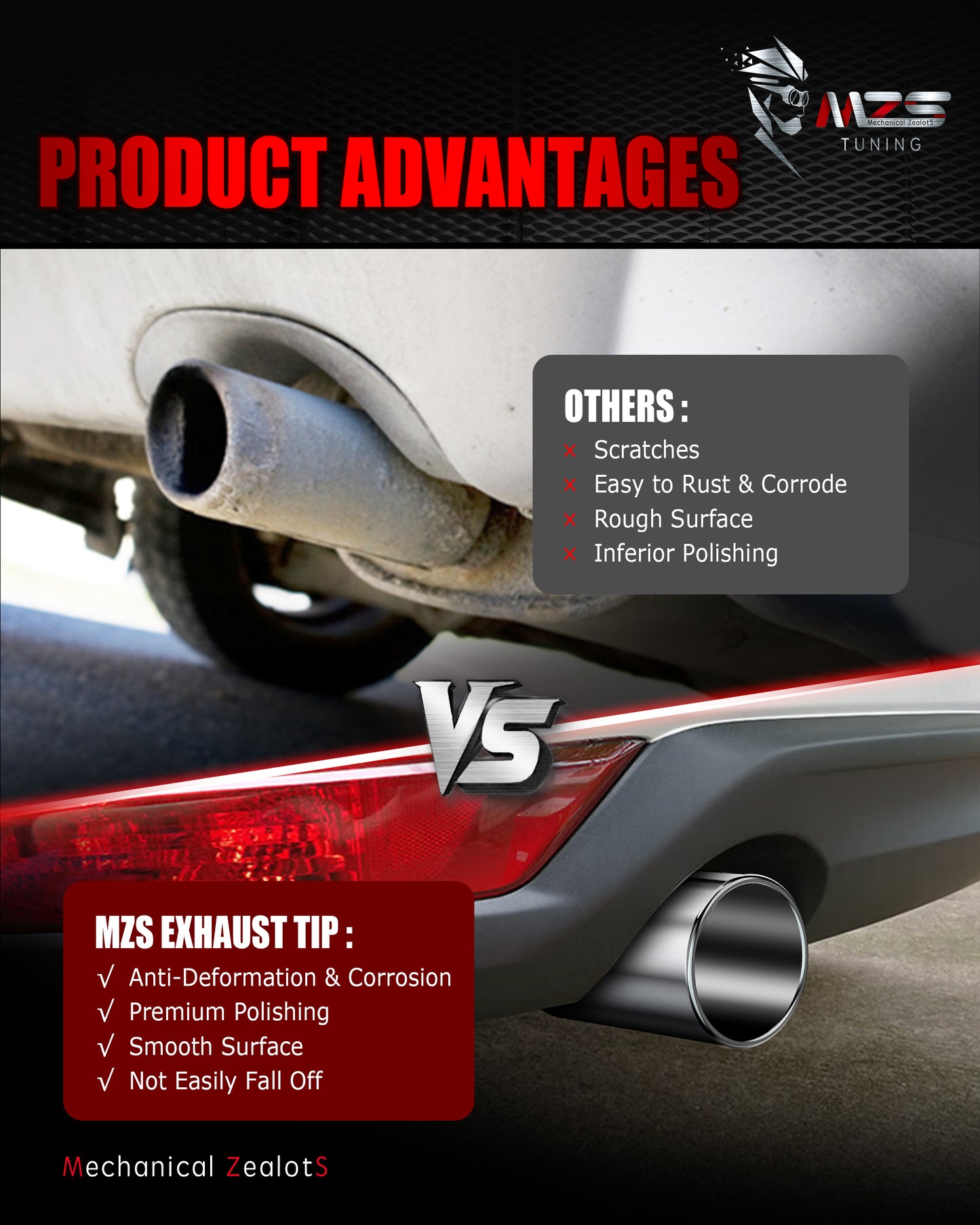 MZS Exhaust Tip, 2.5" Inlet 4" Outlet 9" Length Tailpipe Universal - Stainless Steel - 2PCS