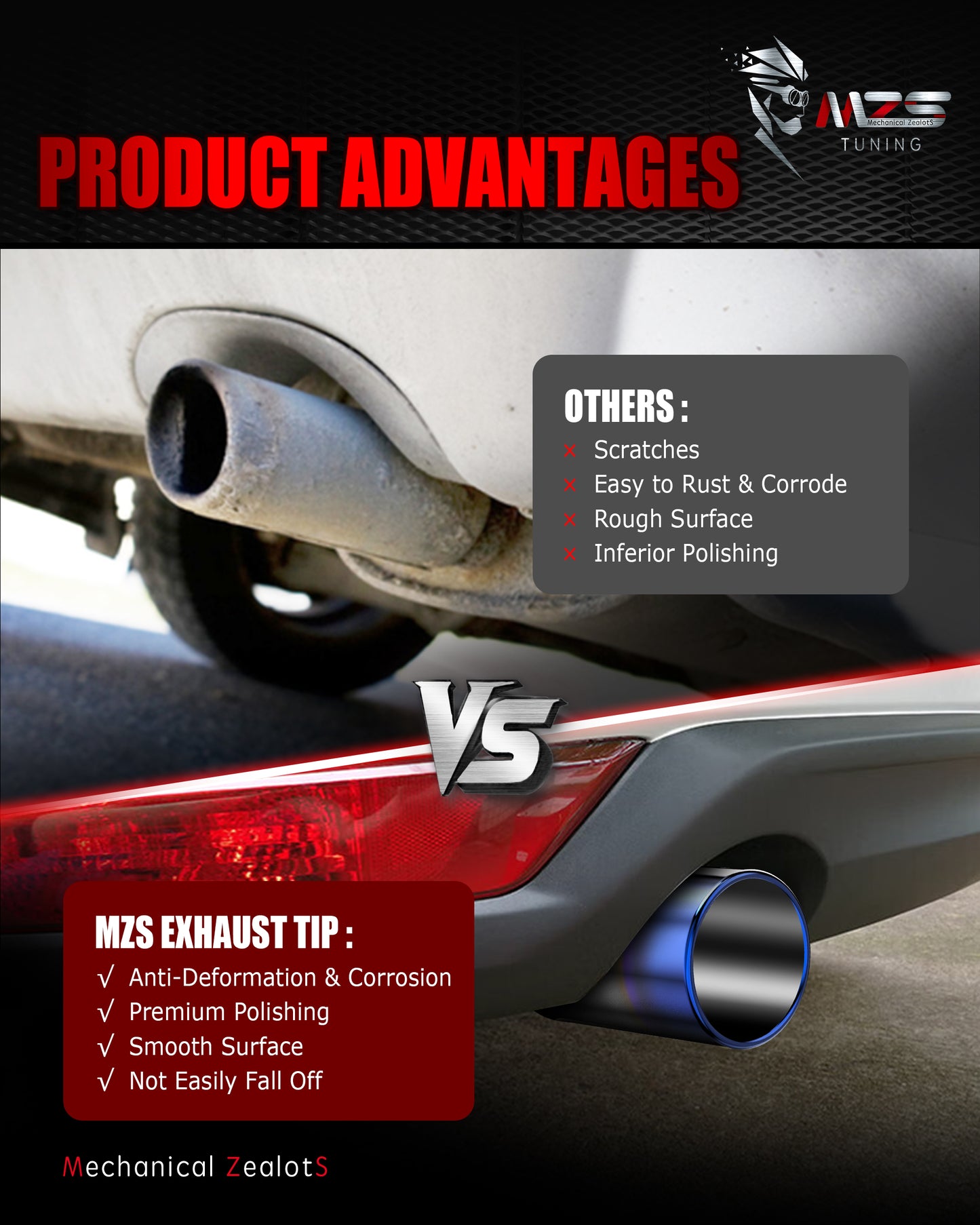 MZS Exhaust Tip, 2.5" Inlet 4" Outlet 9" Length Tailpipe Universal - Stainless Steel - 2PCS