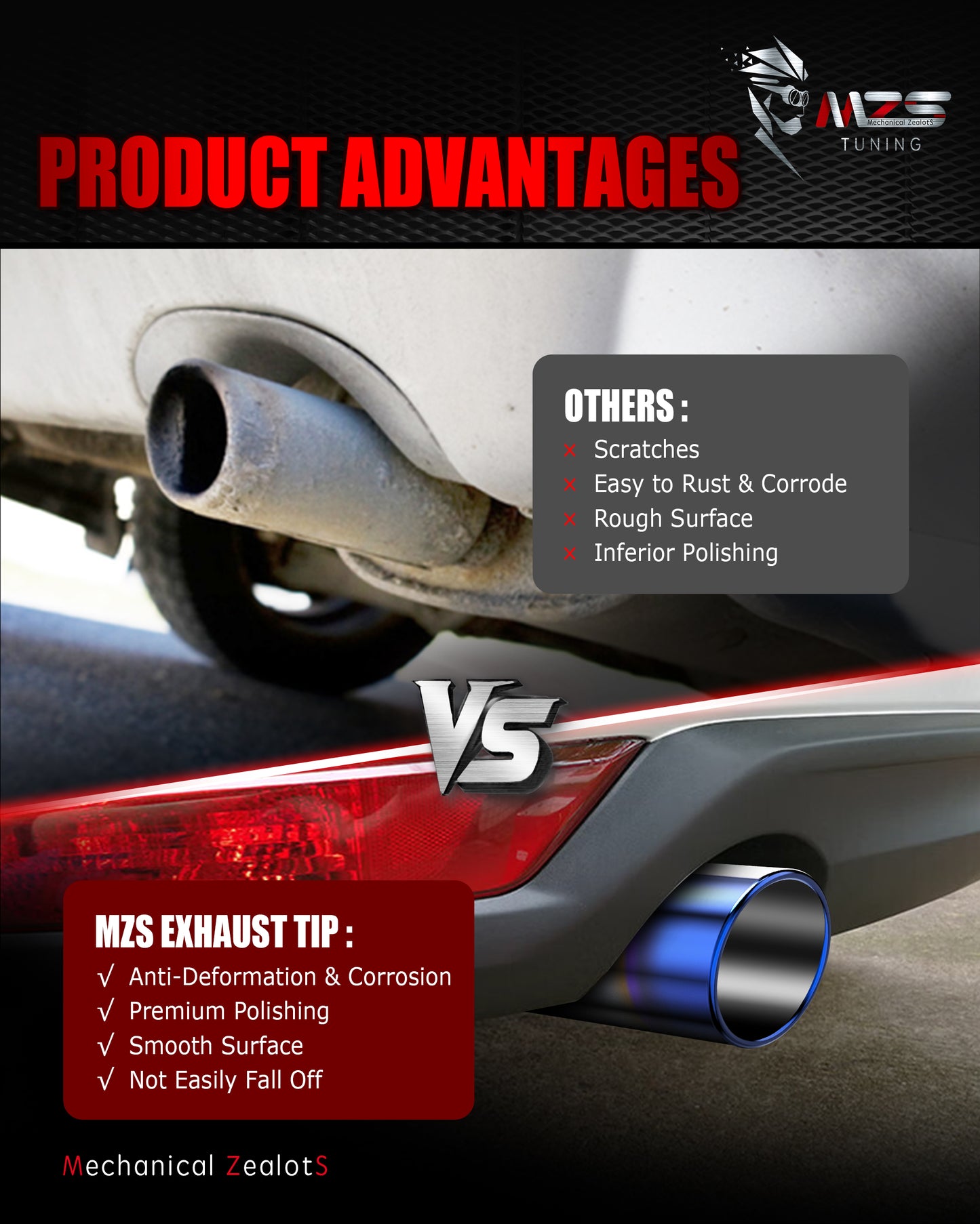 MZS Exhaust Tip, 2.5" Inlet 4" Outlet 18" Length Tailpipe Universal - Stainless Steel - 2PCS