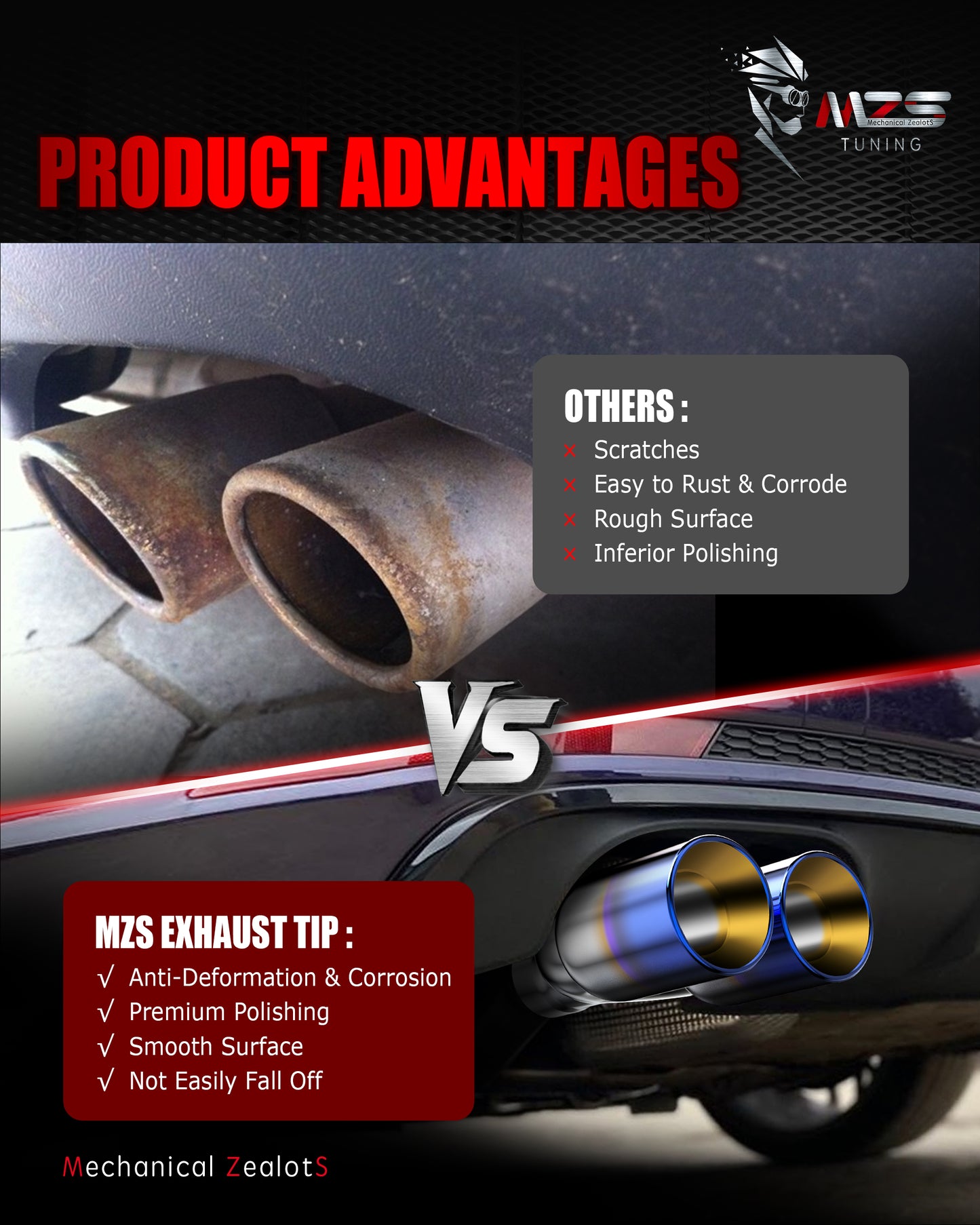 MZS Exhaust Tip, 2.5" Inlet 3.5" Outlet 9.5" Length Tailpipe Universal - Stainless Steel - 2PCS
