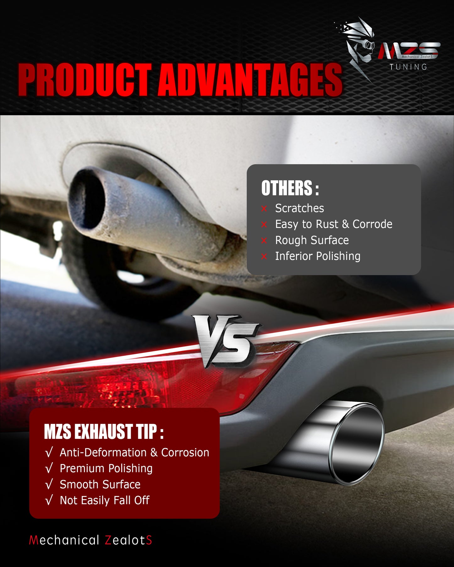 MZS Exhaust Tip, 2.5" Inlet 4" Outlet 18" Length Tailpipe Universal - Stainless Steel - 2PCS