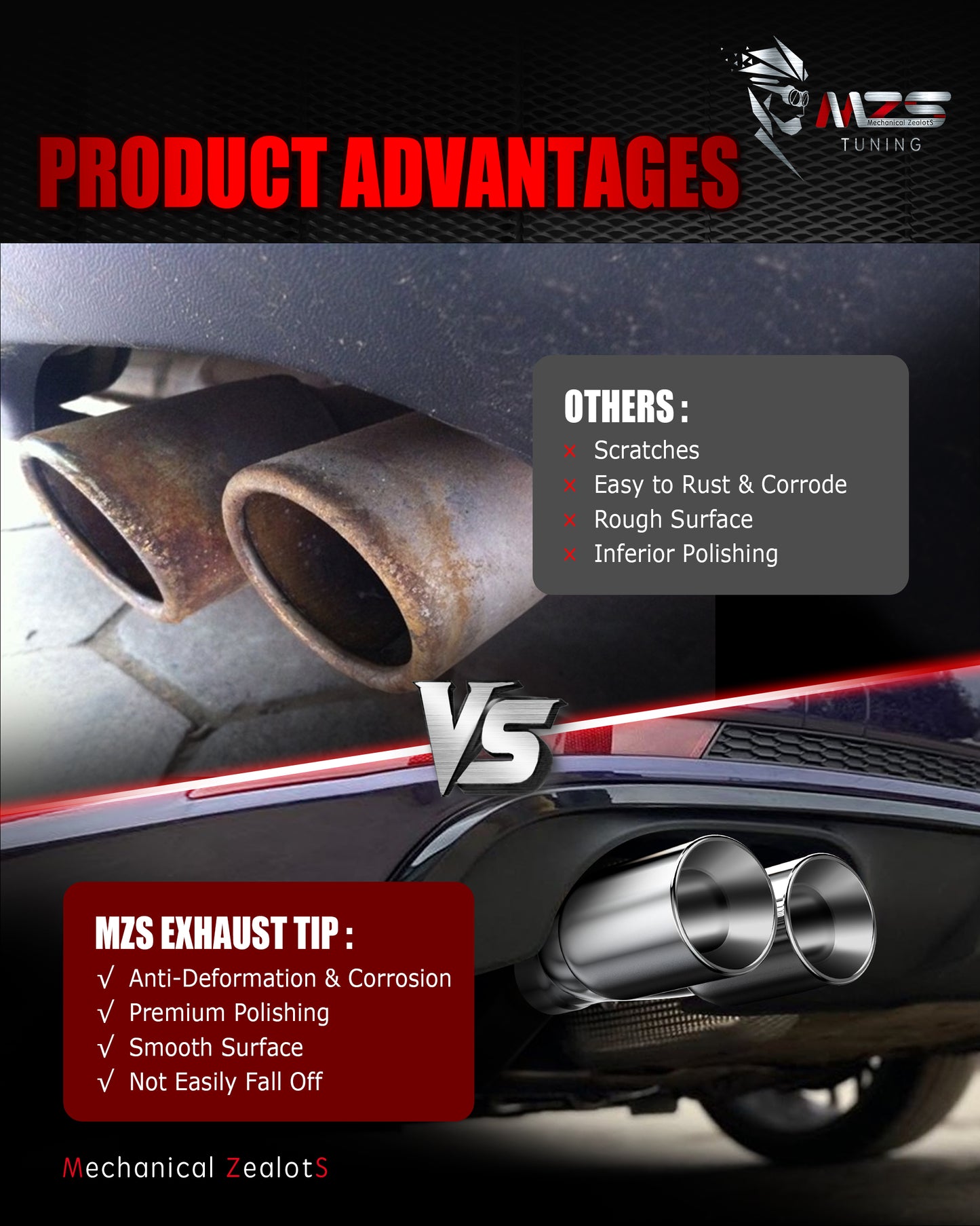 MZS Exhaust Tip, 2.5" Inlet 3.5" Outlet 9.5" Length Tailpipe Universal - Stainless Steel - 2PCS