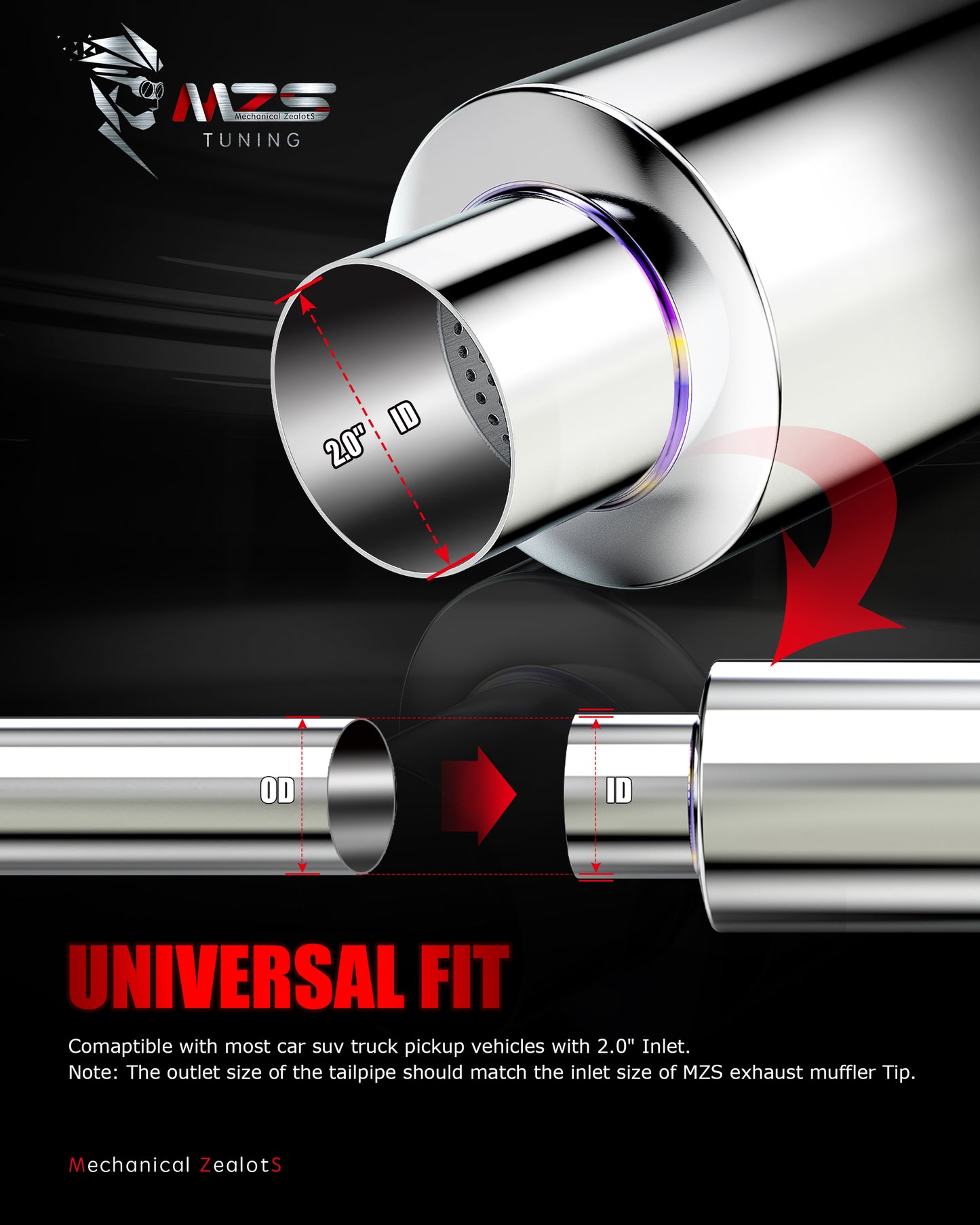 MZS Exhaust Muffler, 2" Inlet 3" Outlet 15" Length - Straight Through Universal