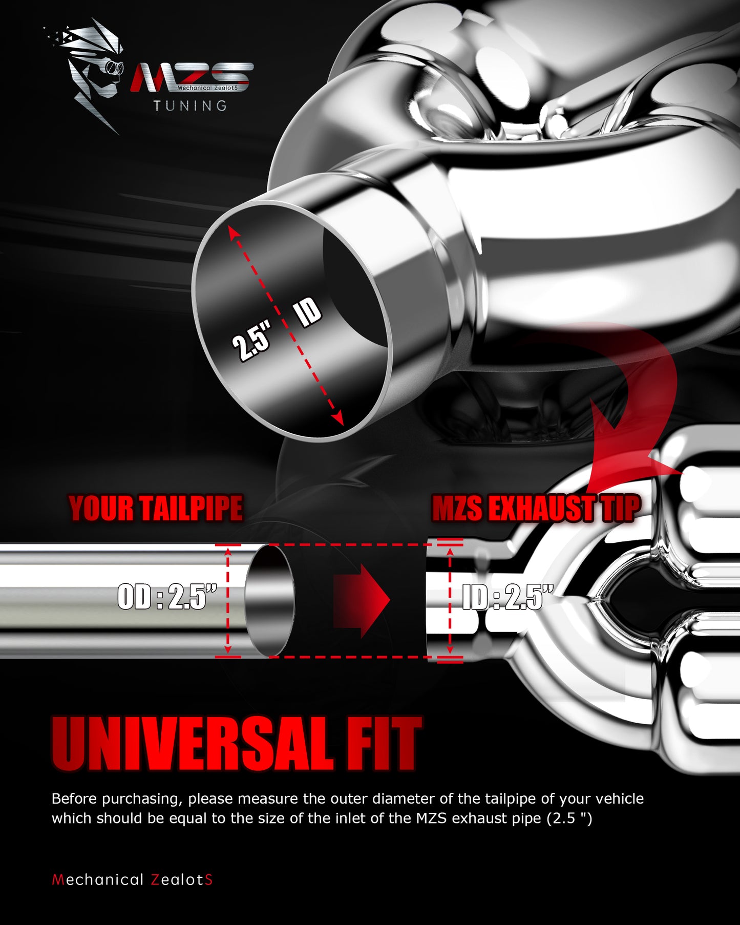 MZS Exhaust Tip, 2.5" Inlet 3.5" Outlet 9.5" Length Tailpipe Universal - Stainless Steel - 2PCS