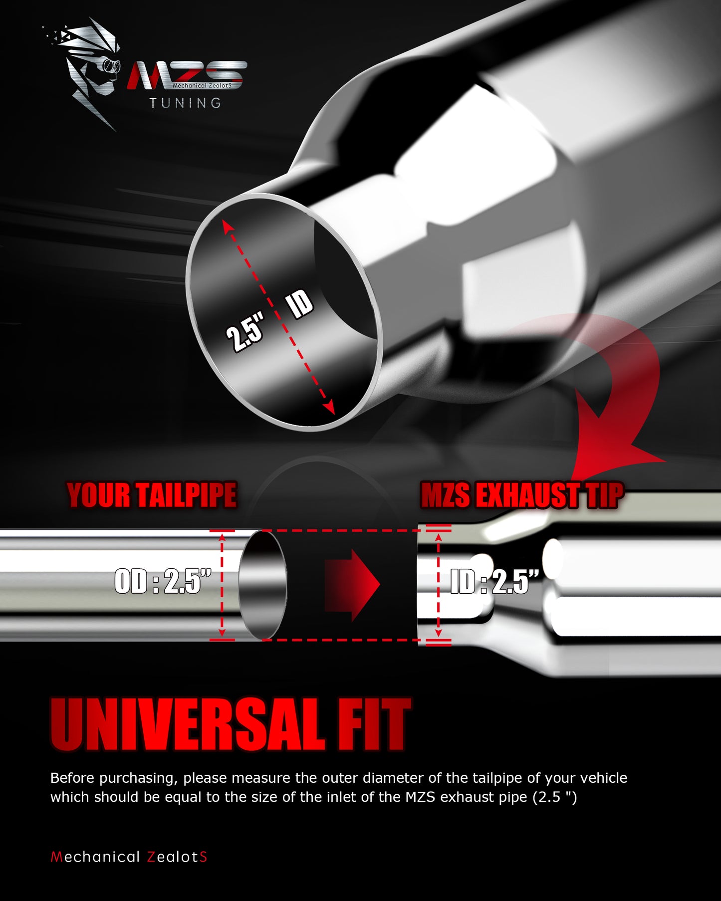 MZS Exhaust Tip, 2.5" Inlet 4" Outlet 18" Length Tailpipe Universal - Stainless Steel - 2PCS