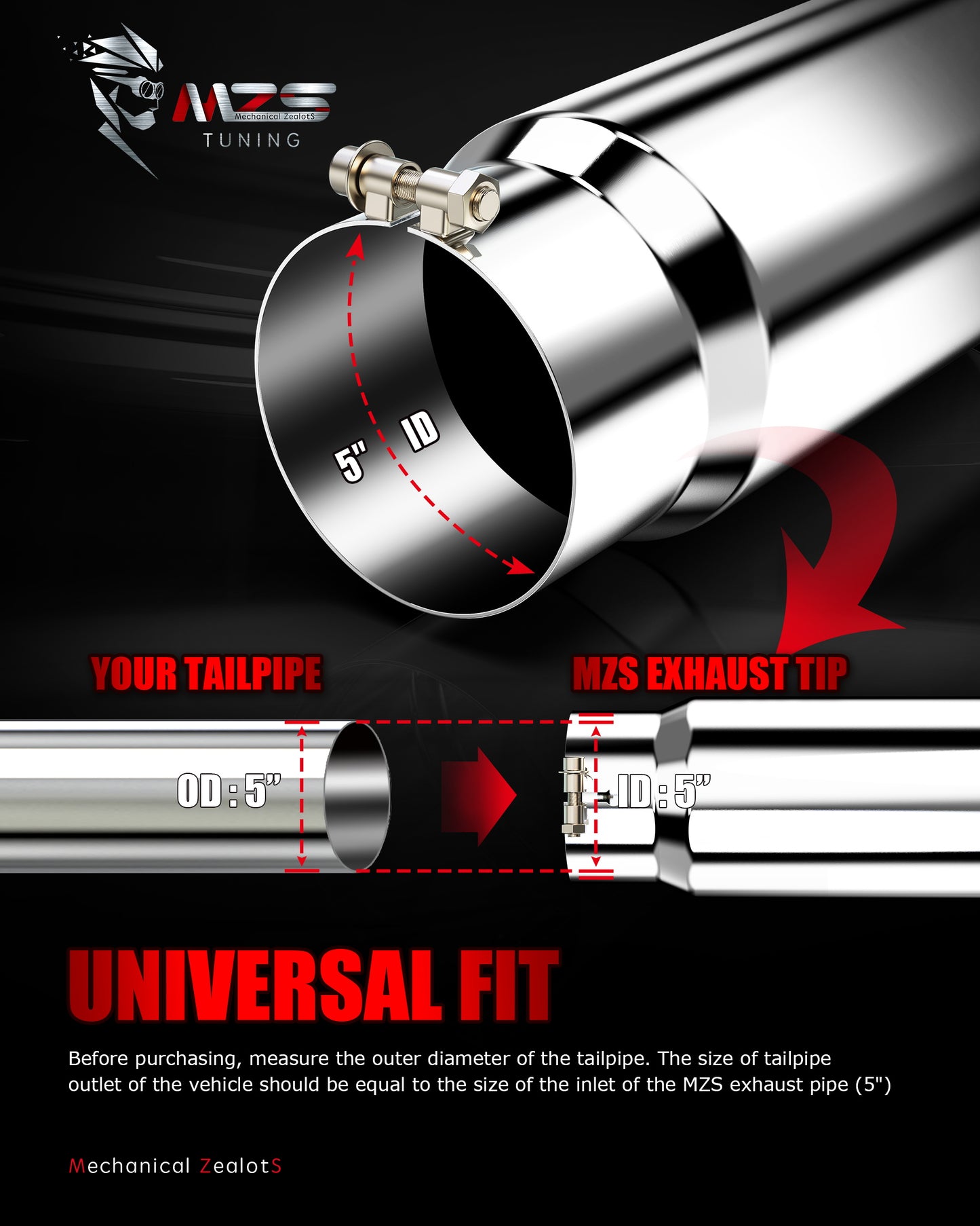 MZS Exhaust Tip - 5" Inlet 6" Outlet 15" Length Tailpipe Universal - Stainless Steel