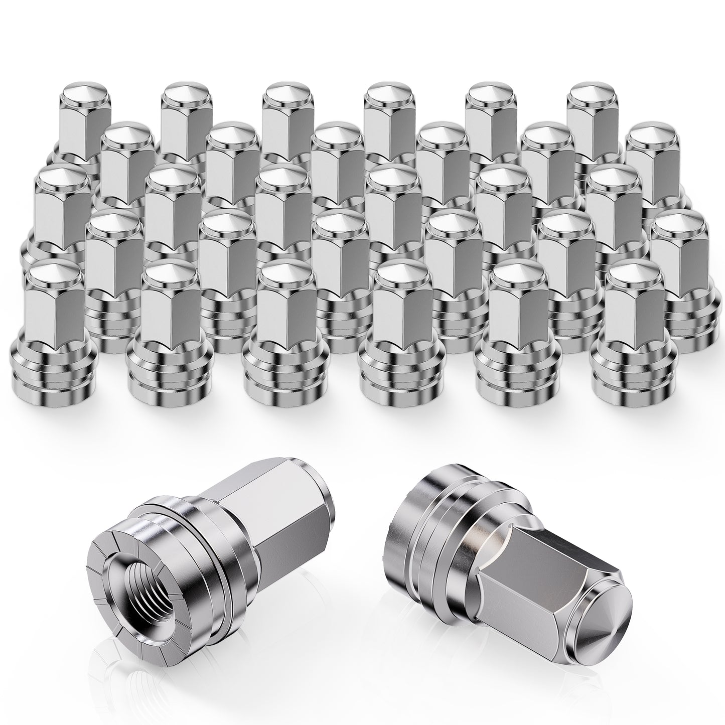 MZS M14x1.5 Lug Nuts, 21mm Hex Closed End Flat Seat Wheel Nut for 2017-2025 F250 F350 Super Duty Factory Wheels, One-Piece Design Flange Lugnut, Replace OEM HCPZ-1012-A HCPZ-1012-B, Chrome, 32Pcs