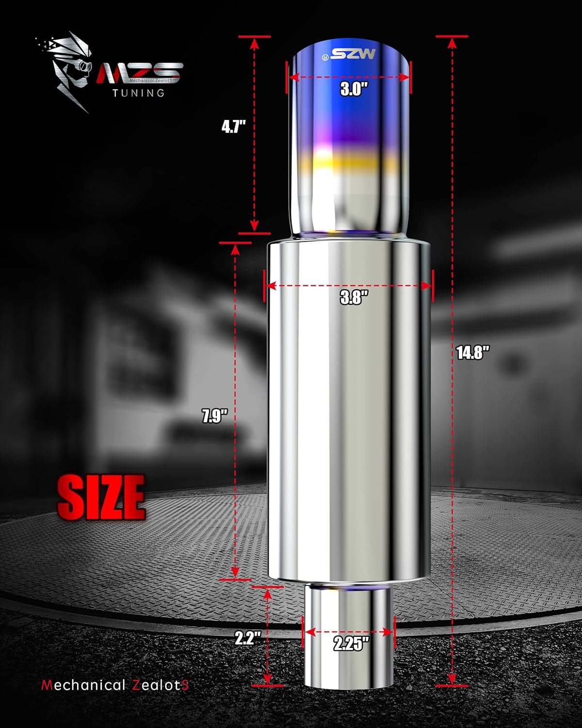 MZS Exhaust Muffler, 2.25" Inlet 3" Outlet 15" Length - Straight Through Universal