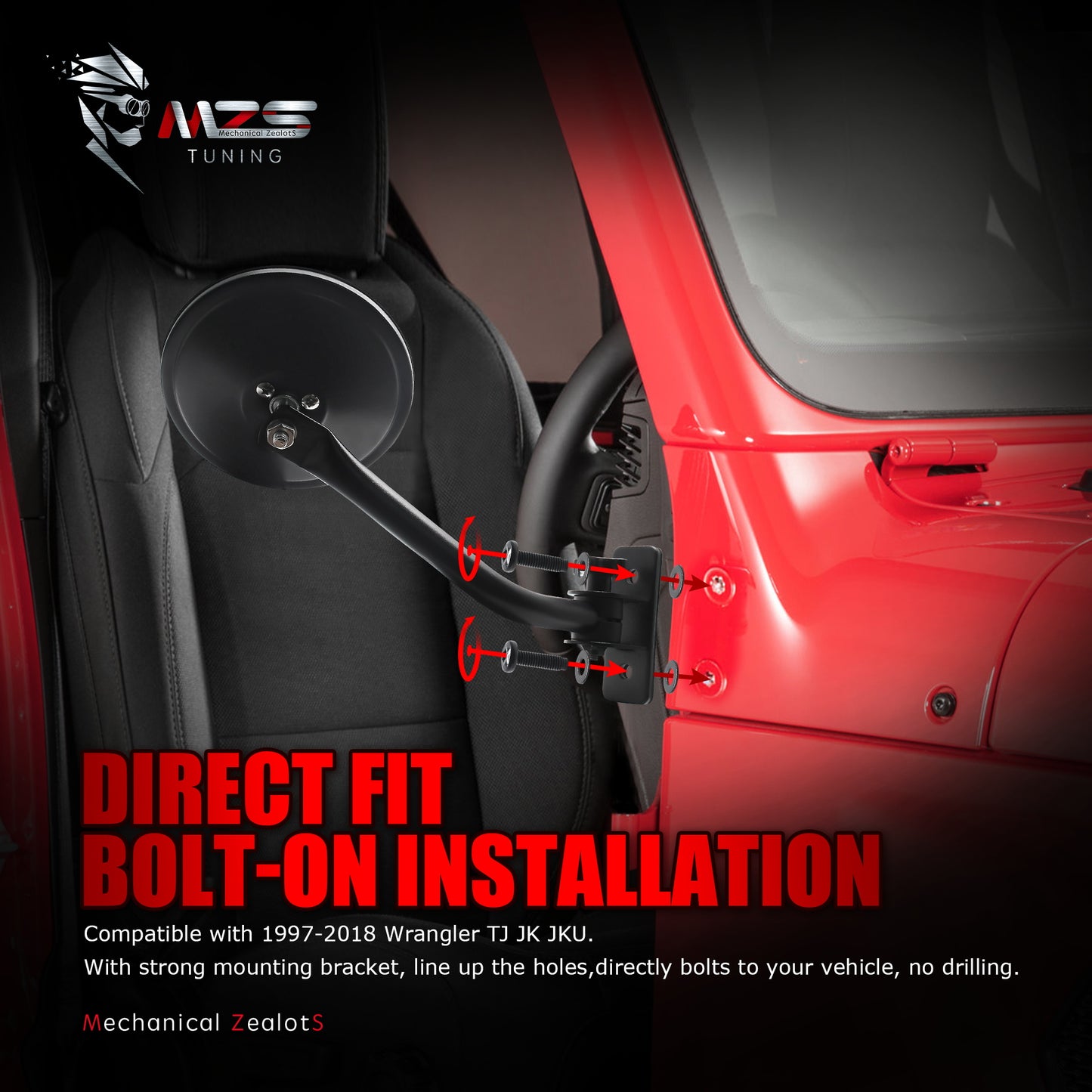 MZS Jeep Mirrors Doors Off, Rear View Side Mirrors w/Mounting Bracket for Jeep Wrangler TJ JK JKU JL YJ CJ Doorless