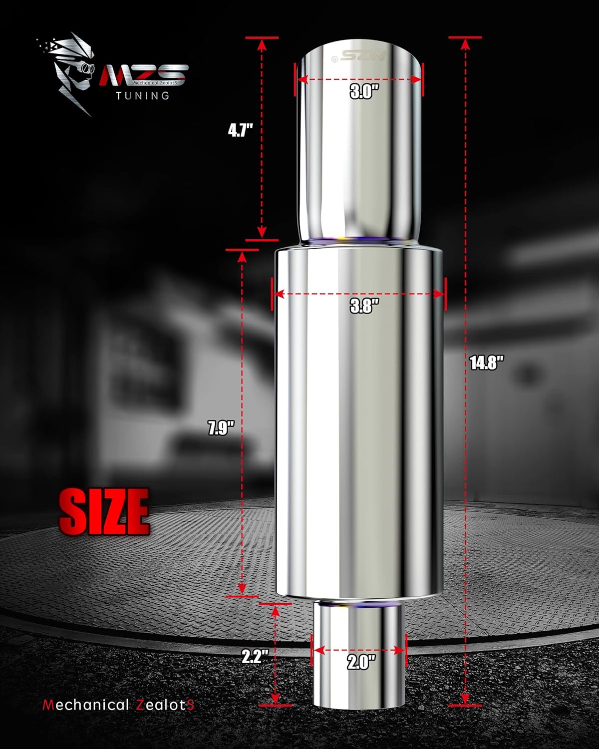 MZS Exhaust Muffler, 2" Inlet 3" Outlet 15" Length - Straight Through Universal