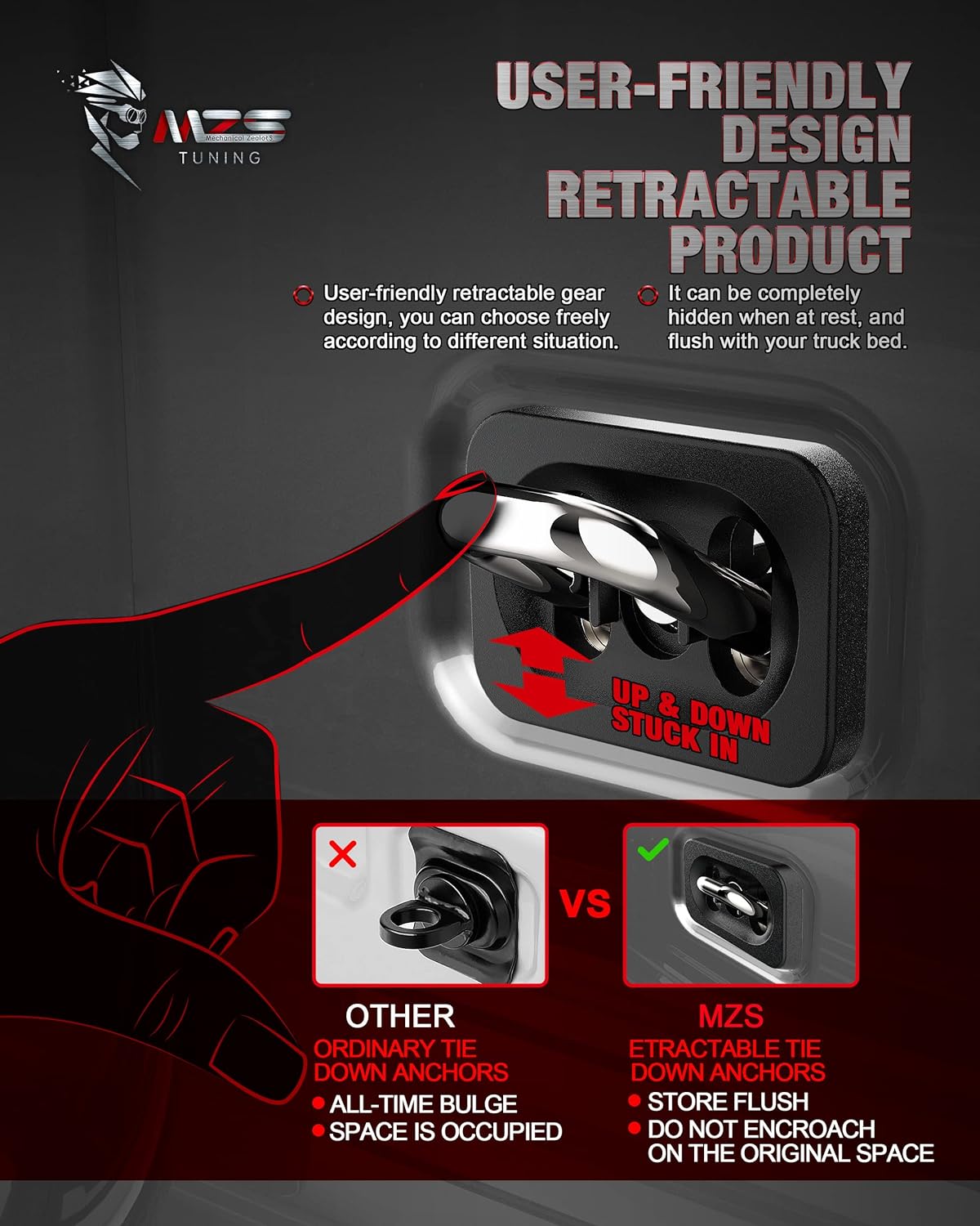 MZS Tie Down Anchors Fit for Chevy Silverado & GMC Sierra, Colorado & Canyon - Retractable - Surface Mount