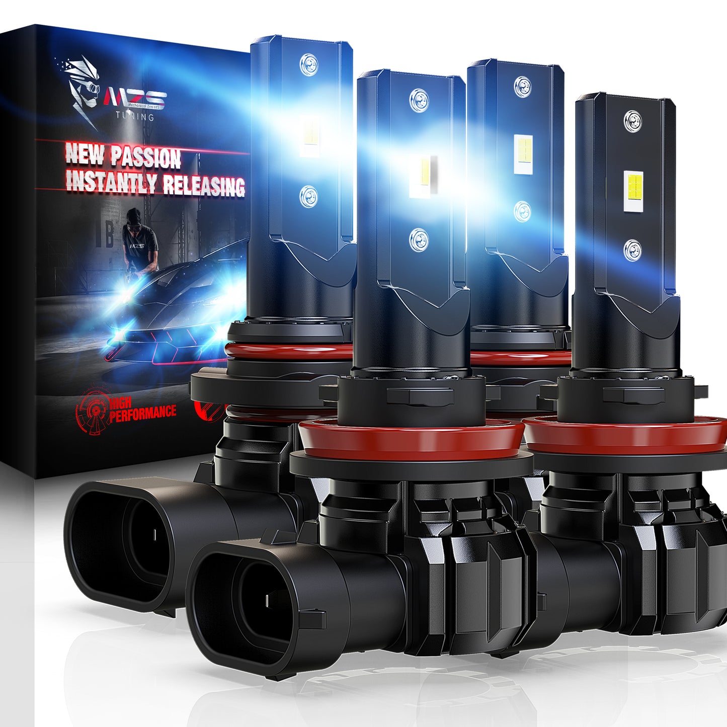 MZS 9005 H11 LED Headlight Bulbs Combo, HB3 High and H9 H8 Low Beam Headlight Fog Light, 300% Brighter 6500K White, Fanless Instant-Plug in