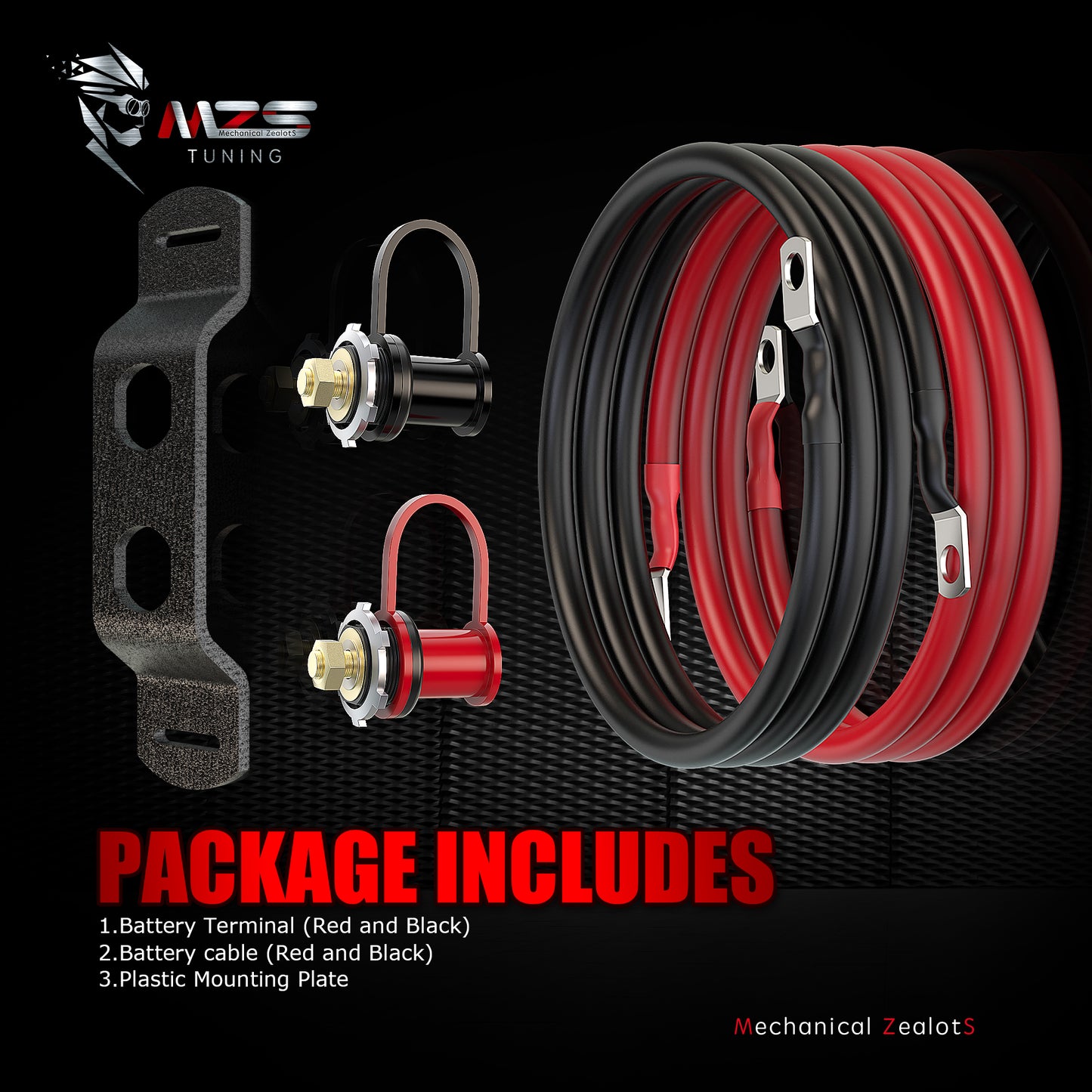 MZS Battery Relocation Kit, Battery Jump Post, Remote Battery Terminal & 4 Gauge Battery Cables & Mounting Bracket