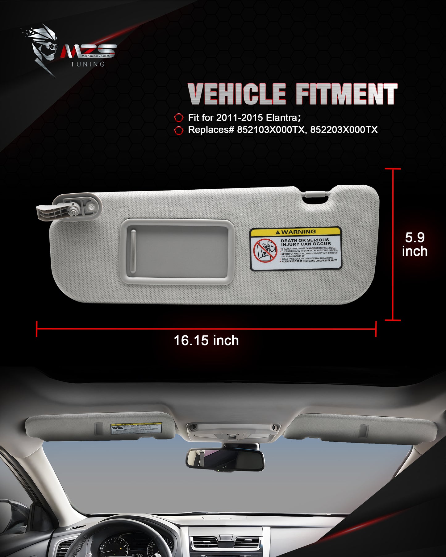 MZS Sun Visor Left Driver & Right Passenger Side Replacement Fit For 2011-2015 Elantra Without Sunroof (Gray)