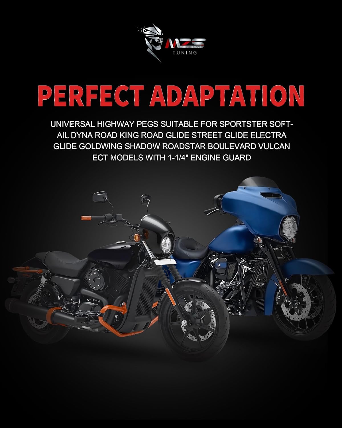 MZS Motorcycle Highway Pegs, 1.25" Adjustable Short Angled Wide Foot Peg Black Compatible with Softail Sportster Electra Road King Street Glide Vulcan VTX V Star Boulevard for 1 1/4 Engine Guards