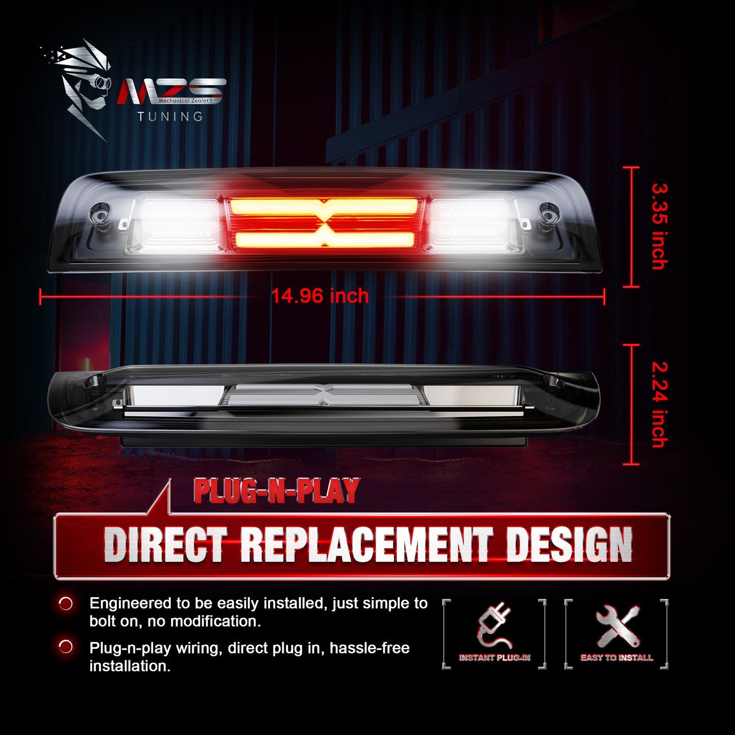MZS Third Brake Light, Red 3rd Brake Light LED & White Cargo Lamp, High Mount Stop Light for Ram