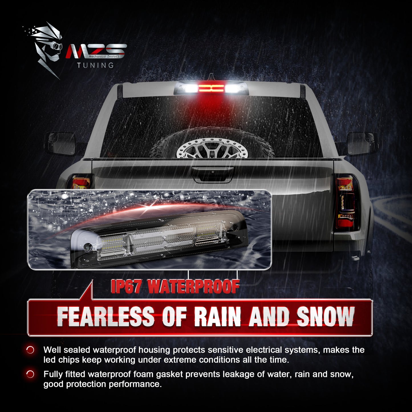 MZS Third Brake Light, Red 3rd Brake Light LED & White Cargo Lamp, High Mount Stop Light for Ram