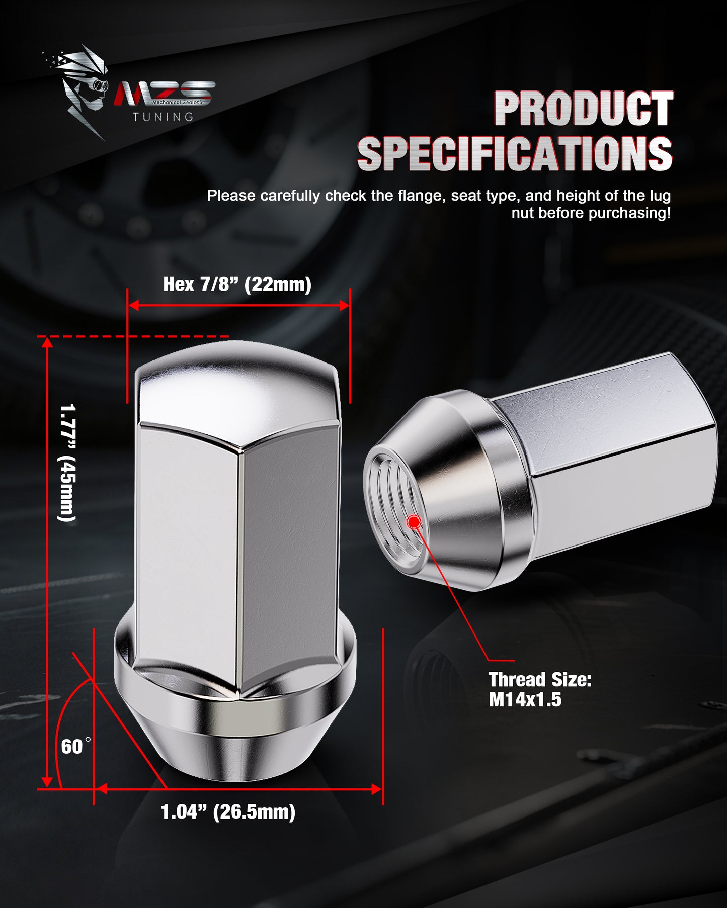 MZS M14x1.5 Lug Nuts, 7/8" Hex Closed End Conical Seat Wheel Nut for Selected Models, One-Piece Design Lugnuts, Replace OEM 9596070 611-236 611-330 611-152, 611-331 15551469 9598179, Chrome, 24PCS