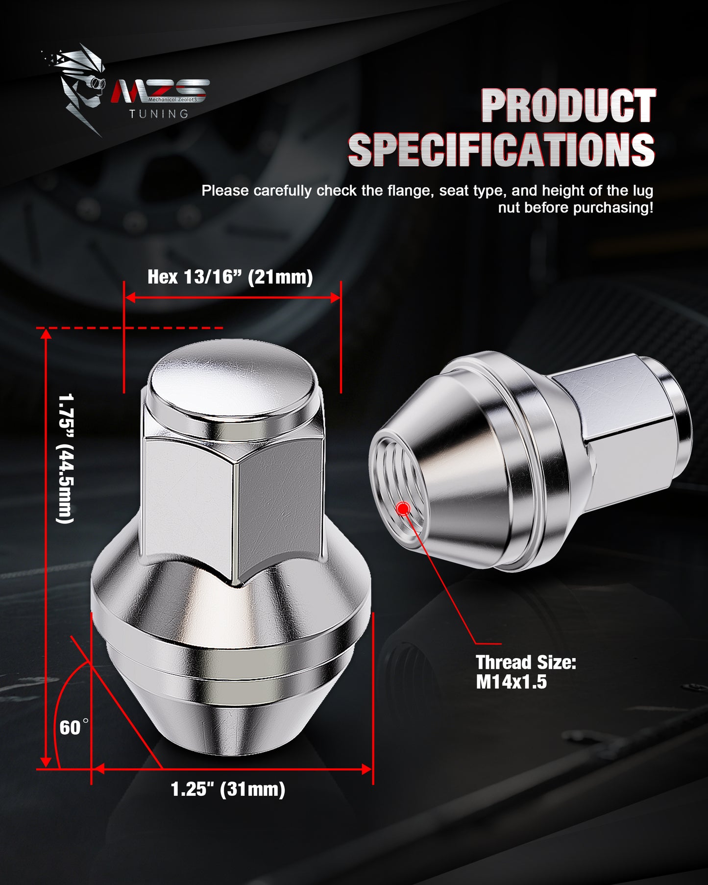 MZS M14x1.5 Lug Nuts, 21mm Hex Closed End Acorn Seat Wheel Nut for 2015+ F150 Expedition Navigator / 2022+ Bronco Factory Wheels, One-Piece Design, Replace OEM ACPZ-1012-B 611-008, Chrome, 24Pcs