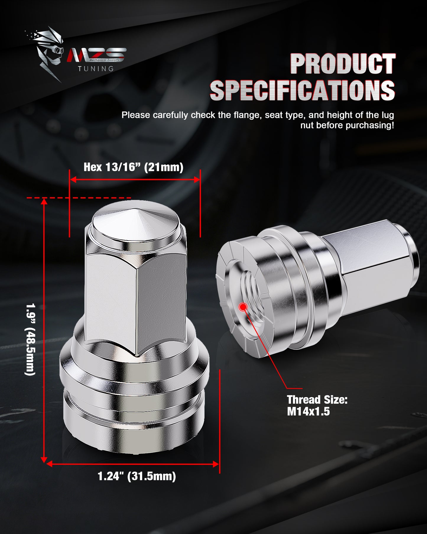 MZS M14x1.5 Lug Nuts, 21mm Hex Closed End Flat Seat Wheel Nut for 2017-2025 F250 F350 Super Duty Factory Wheels, One-Piece Design Flange Lugnut, Replace OEM HCPZ-1012-A HCPZ-1012-B, Chrome, 32Pcs