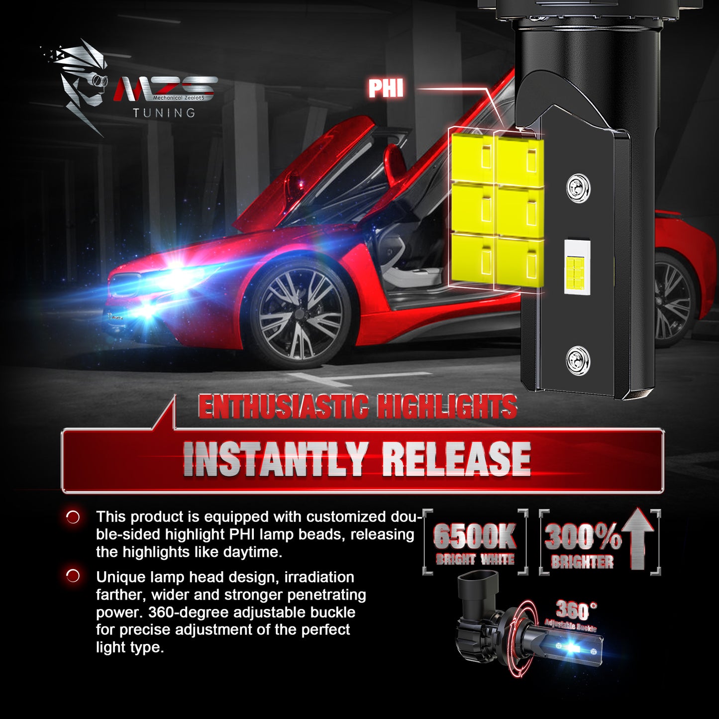 MZS 9005 H11 LED Headlight Bulbs Combo, HB3 High and H9 H8 Low Beam Headlight Fog Light, 300% Brighter 6500K White, Fanless Instant-Plug in