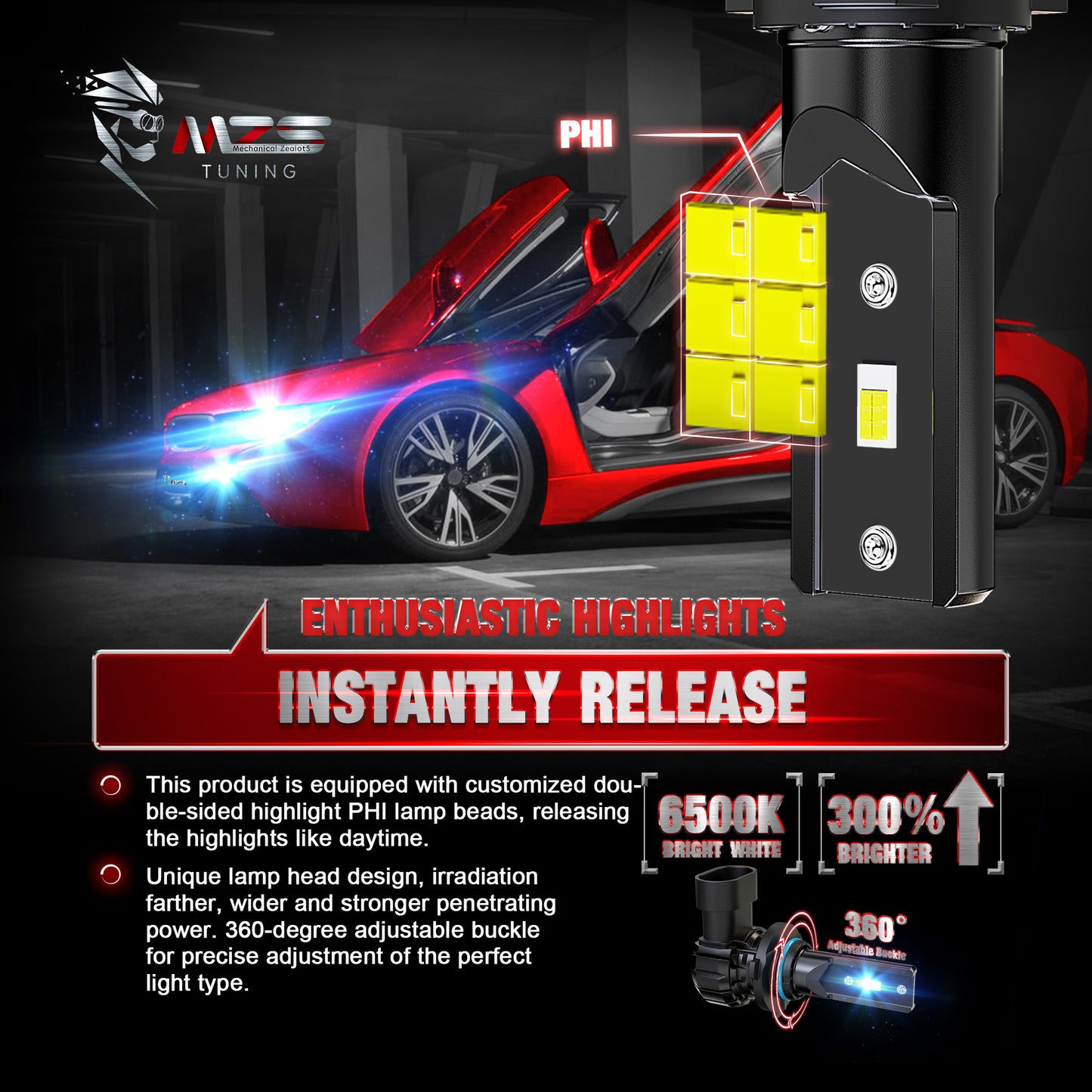 MZS 9006 LED Headlight Bulbs Combo, HB4 Low Beam Headlight Fog Light, 300% Brighter 6500K White, Fanless Instant-Plug in
