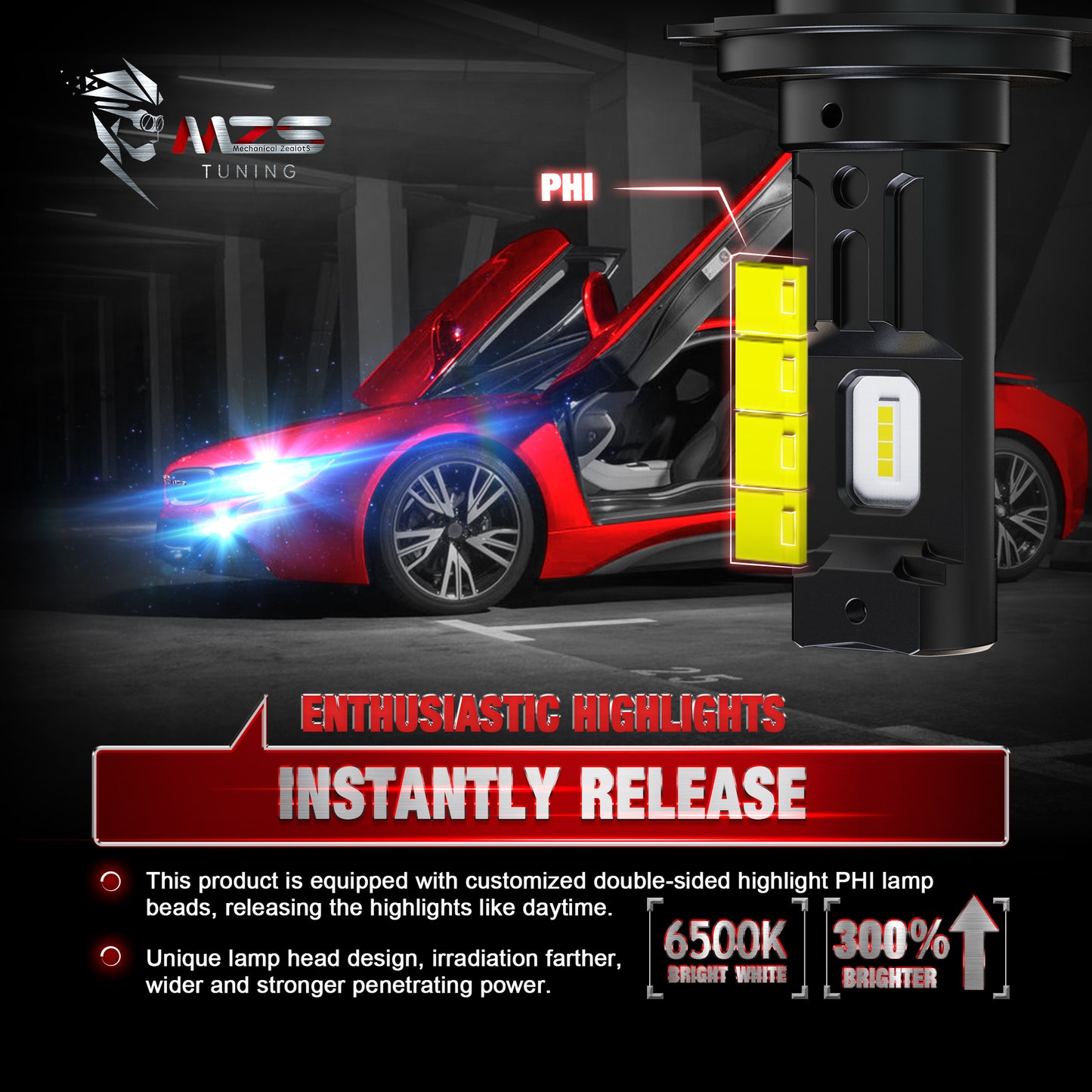MZS H7 LED Headlight Bulbs, 300% Brighter 6500K White, Fanless Instant-Plug in