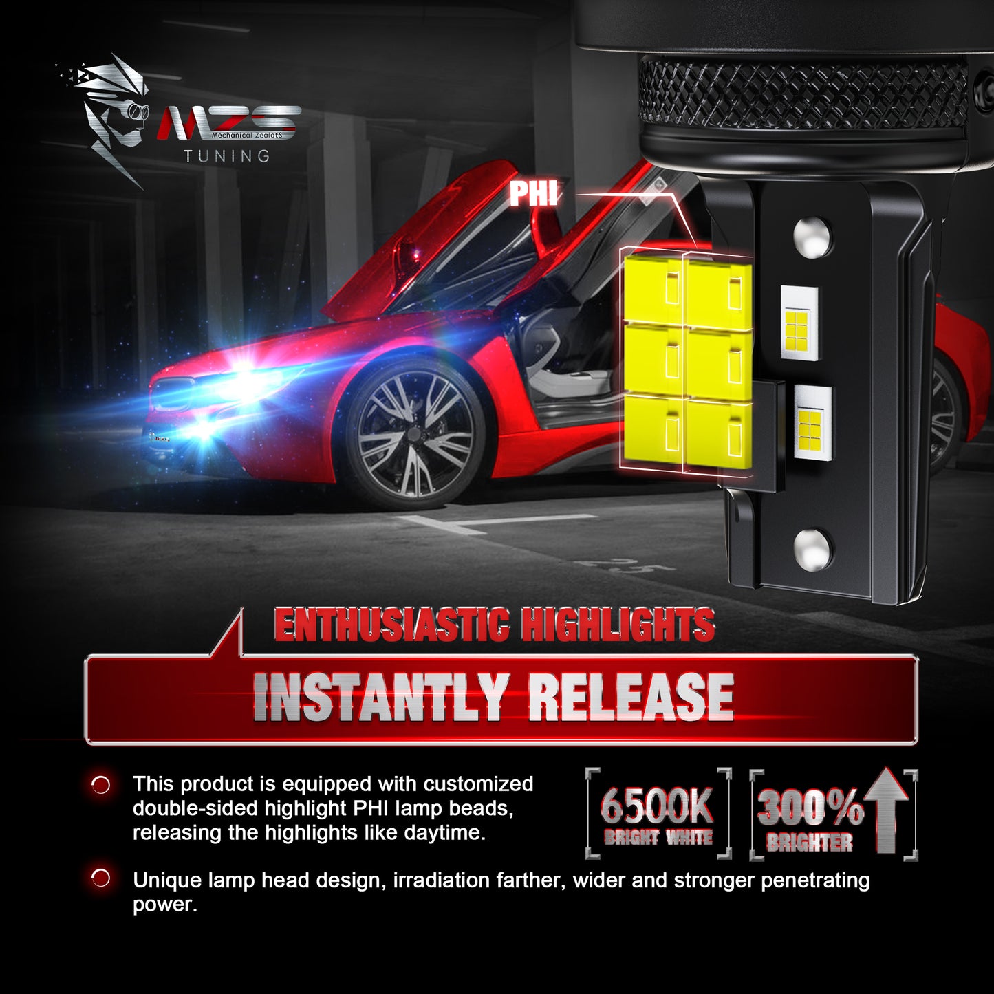 MZS H4 LED Headlight Bulbs, 9003 HB2 High and Low Beam Headlight, 300% Brighter 6500K White, Fanless Instant-Plug in