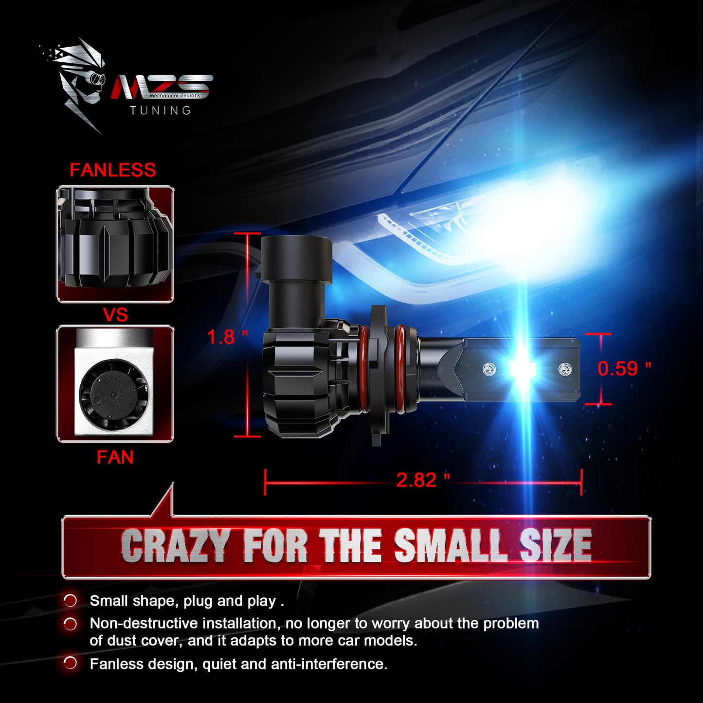 MZS 9005 H11 LED Headlight Bulbs Combo, HB3 High and H9 H8 Low Beam Headlight Fog Light, 300% Brighter 6500K White, Fanless Instant-Plug in