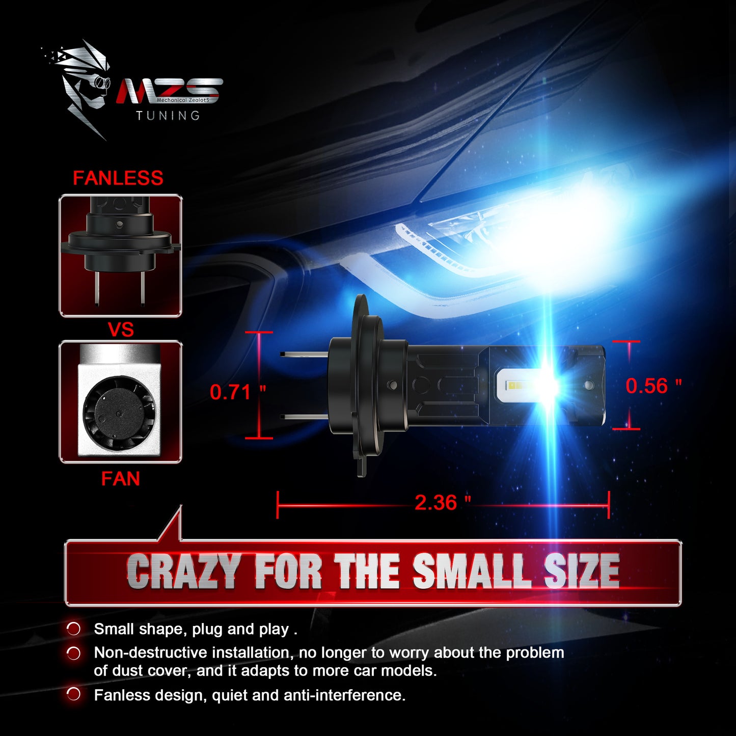 MZS H7 LED Headlight Bulbs, 300% Brighter 6500K White, Fanless Instant-Plug in