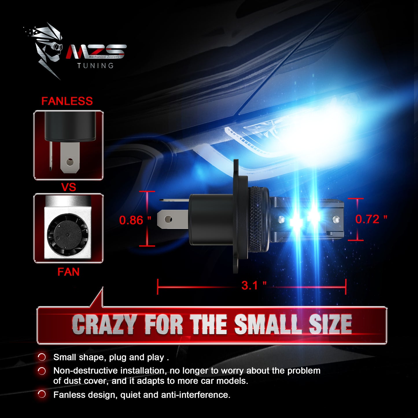 MZS H4 LED Headlight Bulbs, 9003 HB2 High and Low Beam Headlight, 300% Brighter 6500K White, Fanless Instant-Plug in