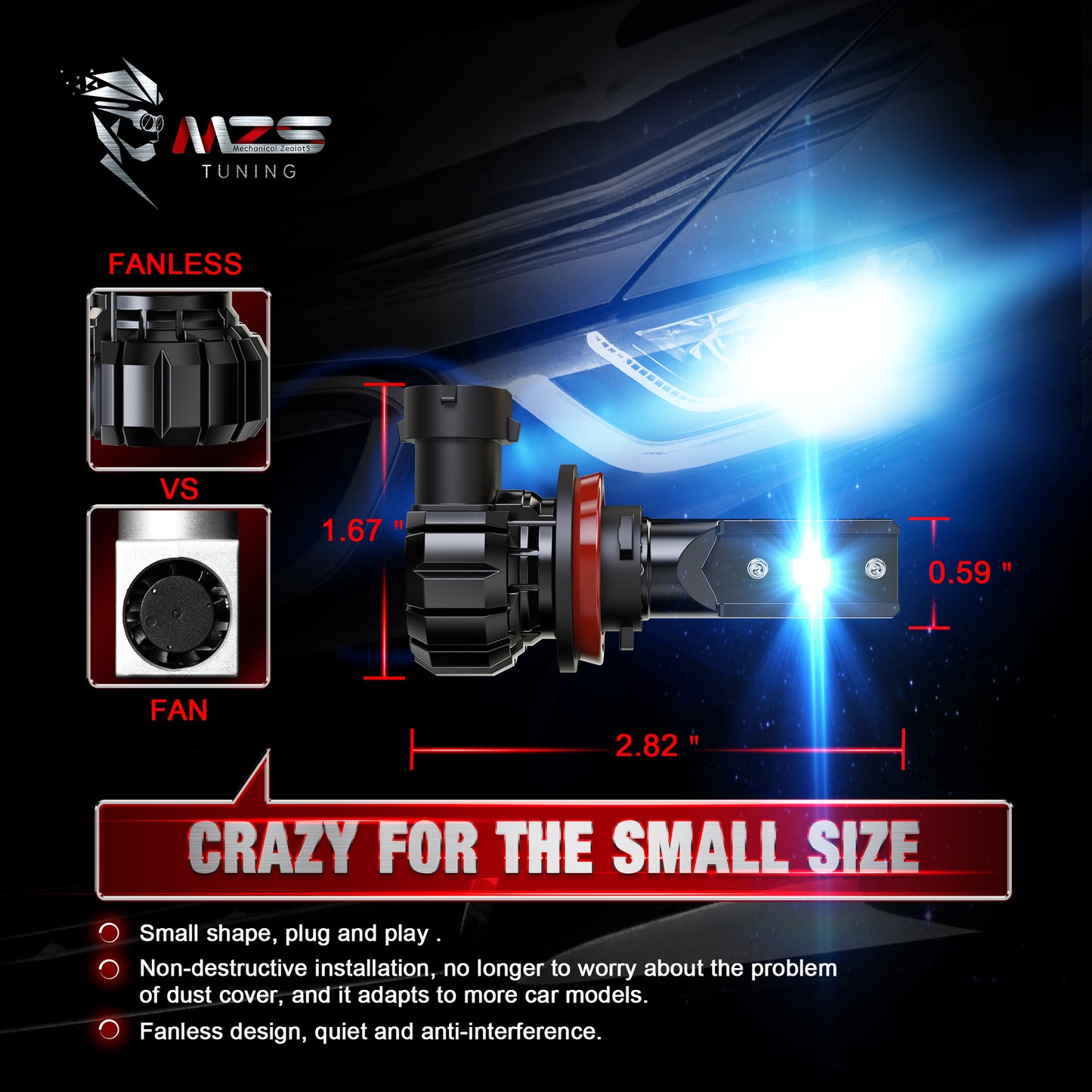 MZS H11 LED Headlight Bulbs, H11 H9 H8 High/Low/Fog Light, 300% Brighter 6500K White, Fanless Instant-Plug in