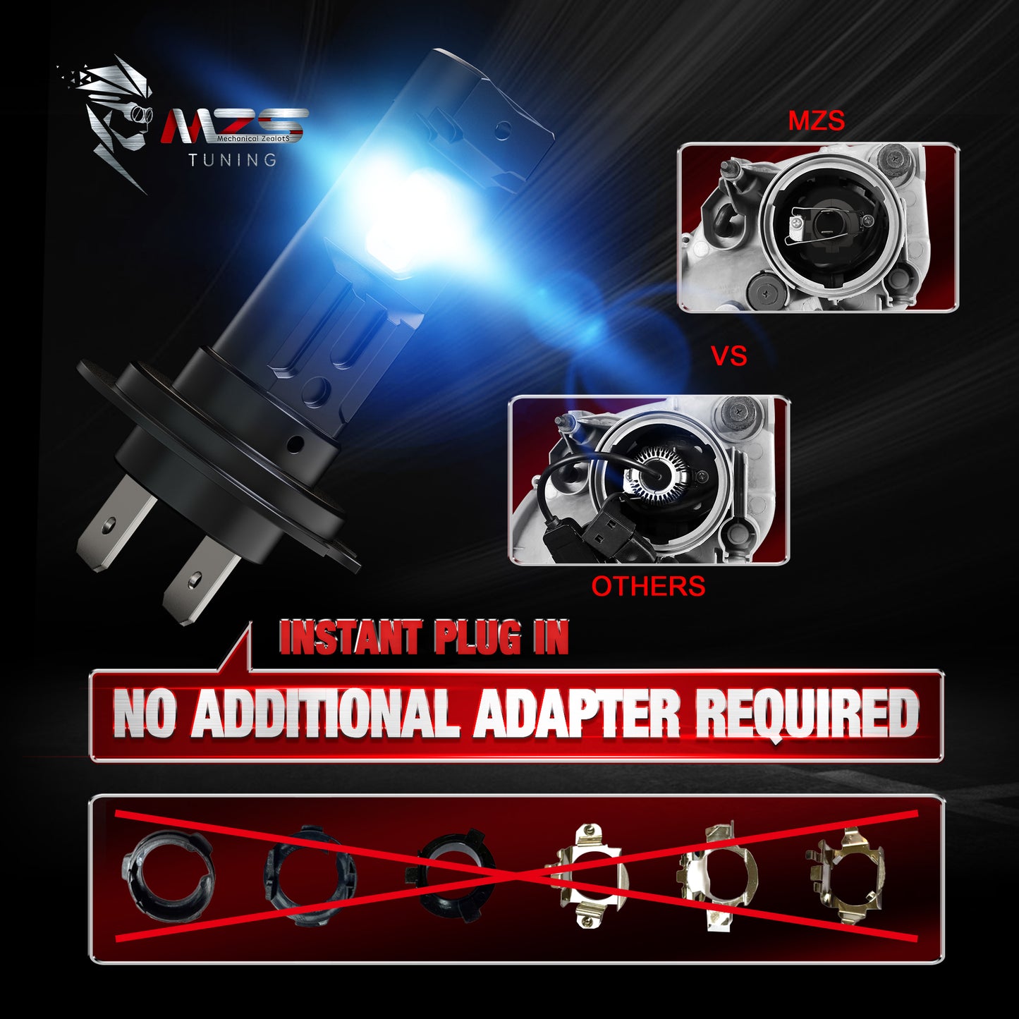 MZS H7 LED Headlight Bulbs, 300% Brighter 6500K White, Fanless Instant-Plug in
