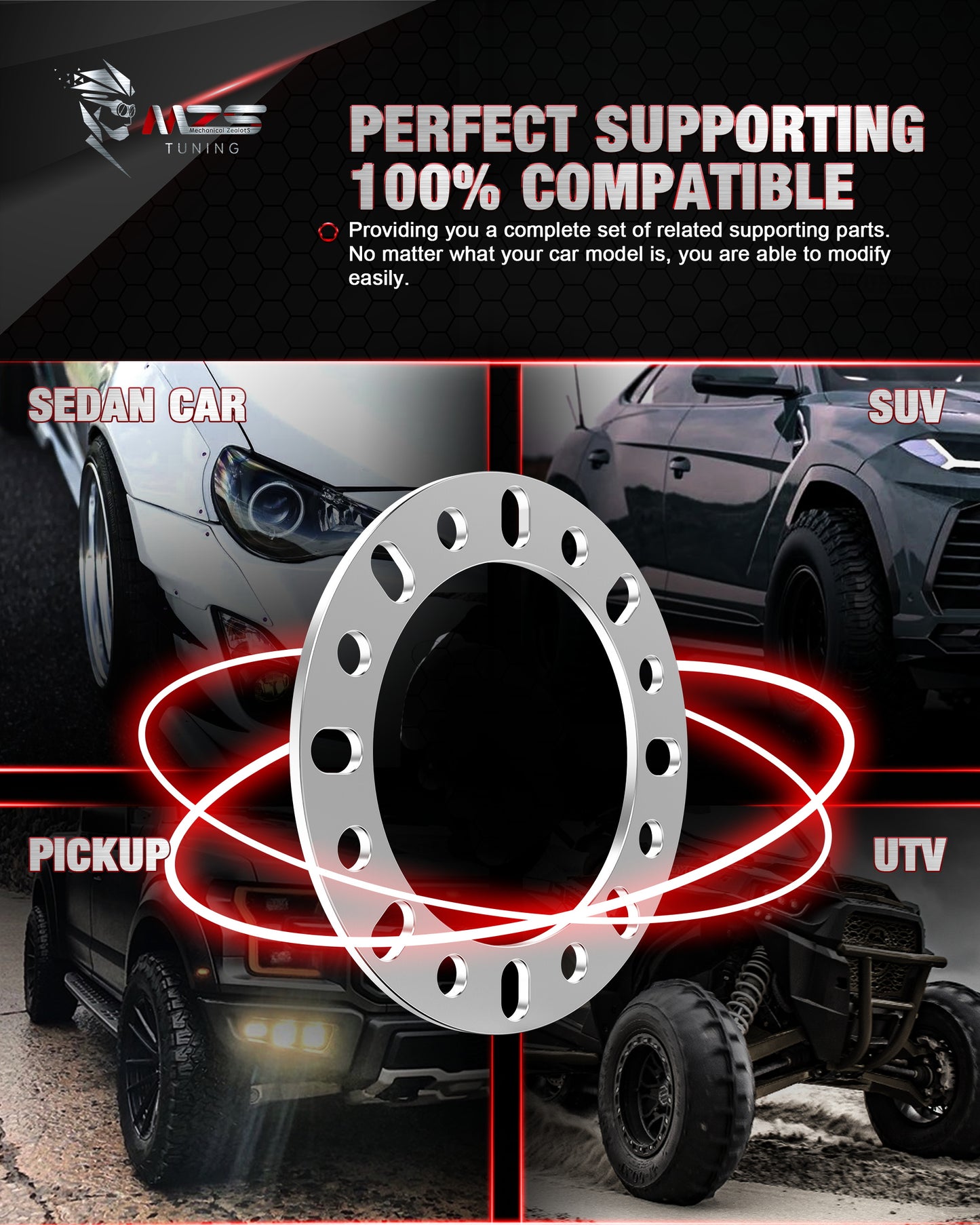 MZS 8x6.5 Wheel Spacers - 8x165.1 8x6.7 8x170 8x180 - M12 M14 1/2" 9/16" Fit 8lug Universal