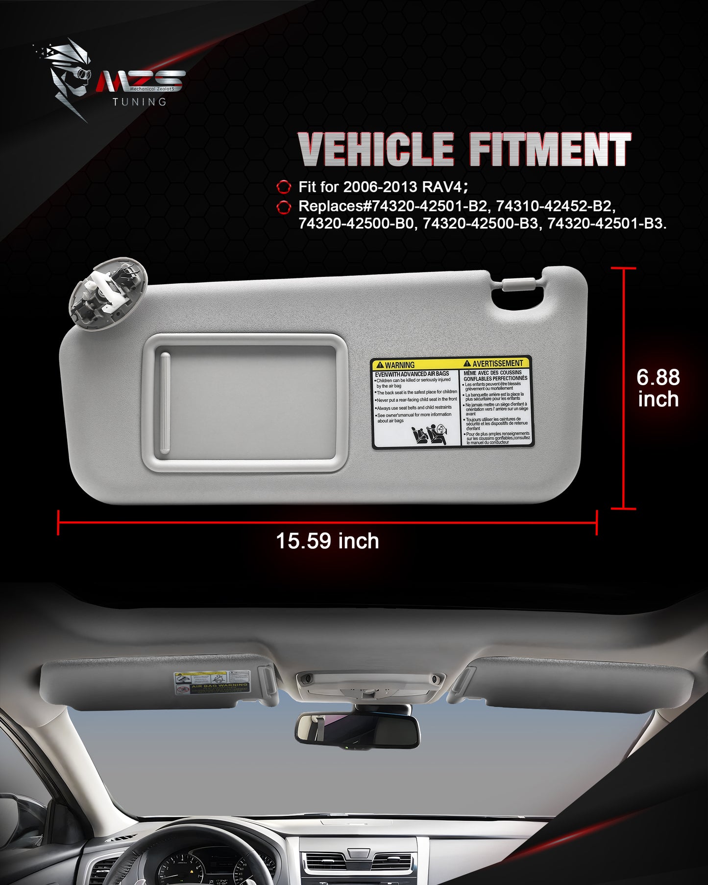 MZS Sun Visor Left Driver & Right Passenger Side Replacement Fit For 2006-2013 RAV4 Without Sunroof (Gray)