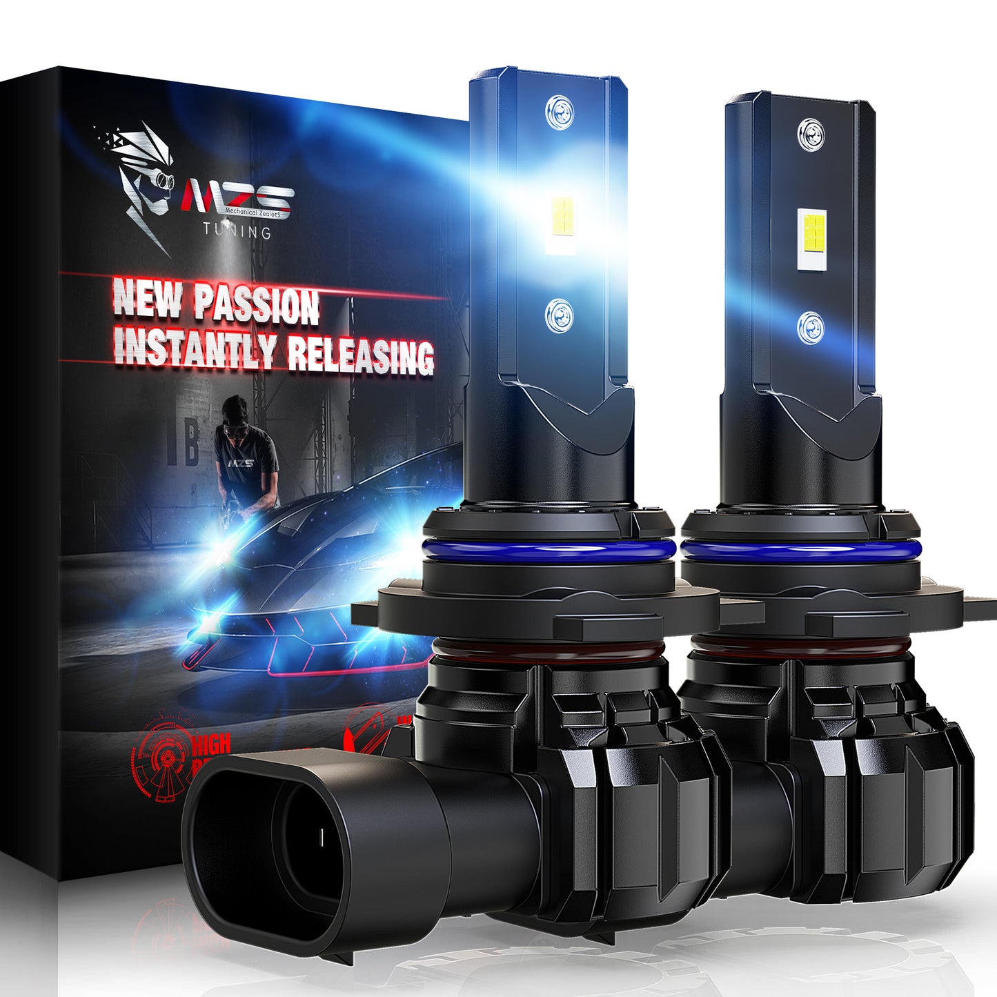 MZS 9012 HIR2 LED Headlight Bulbs, 300% Brighter 6500K White, Fanless Instant-Plug in