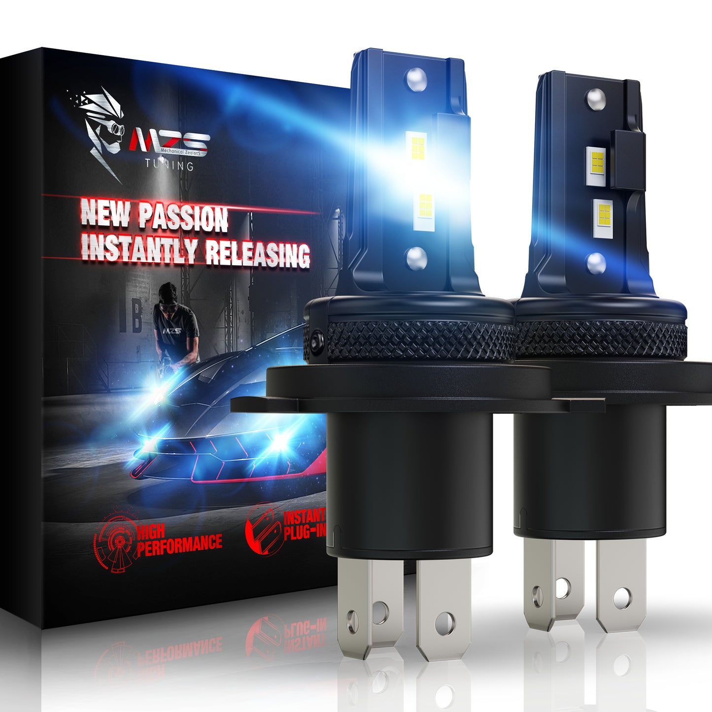 MZS H4 LED Headlight Bulbs, 9003 HB2 High and Low Beam Headlight, 300% Brighter 6500K White, Fanless Instant-Plug in