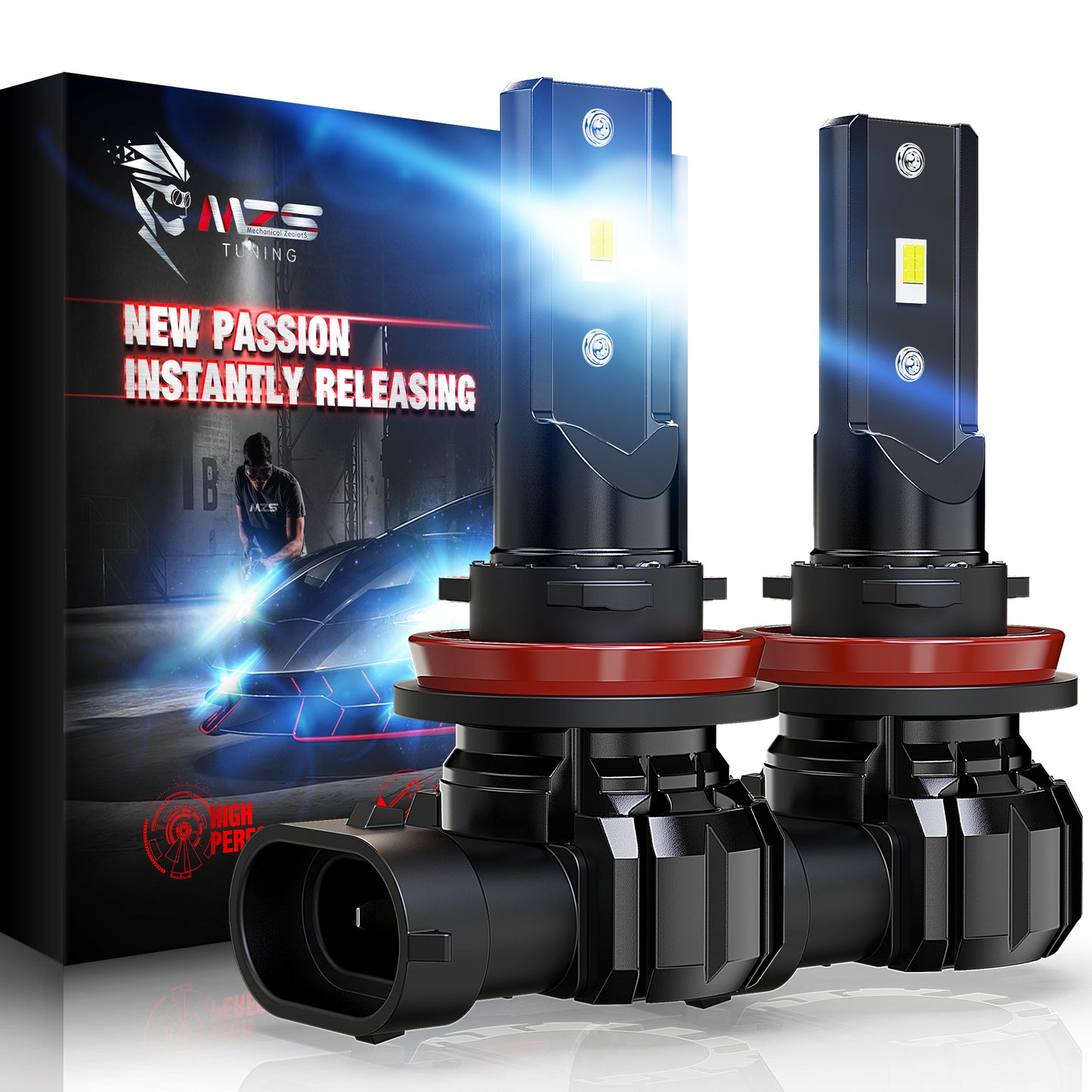 MZS H11 LED Headlight Bulbs, H11 H9 H8 High/Low/Fog Light, 300% Brighter 6500K White, Fanless Instant-Plug in