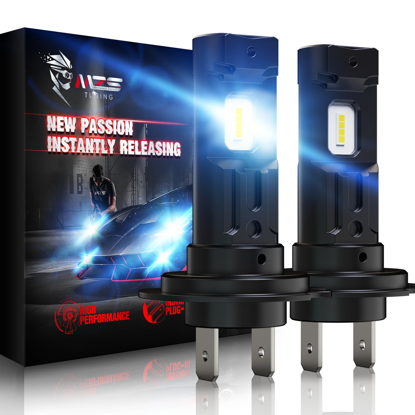 MZS H7 LED Headlight Bulbs, 300% Brighter 6500K White, Fanless Instant-Plug in