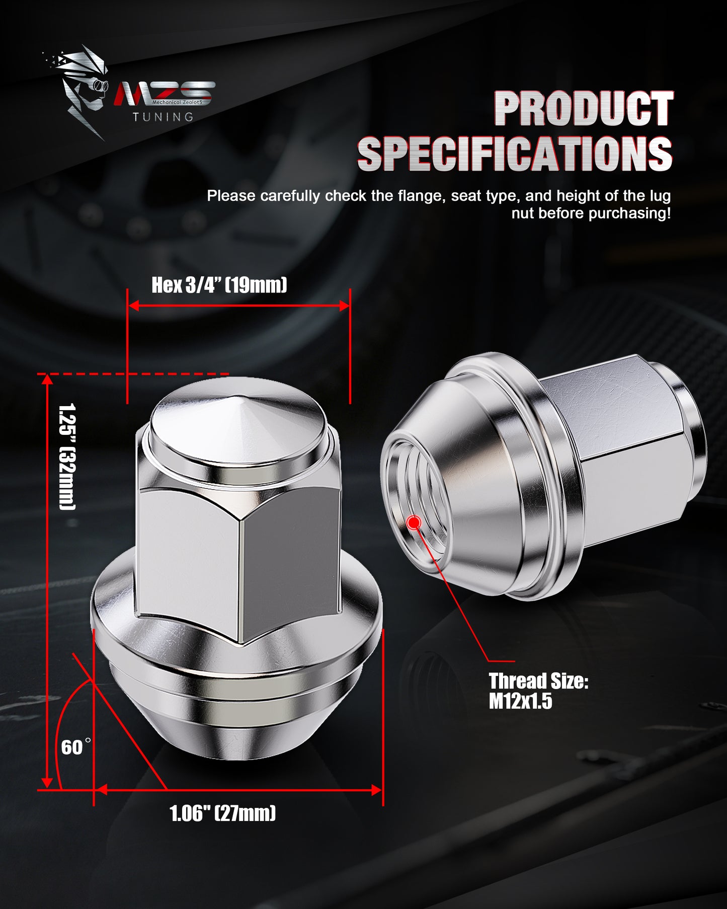 MZS M12x1.5 Lug Nuts, 19mm Hex Closed End Wheel Nut for Bronco Escape Focus Ranger Fusion Fiesta EcoSport Corsair MKC MKZ Factory Wheels, Replace OEM ACPZ-1012-H CV6Z-1012-C 611-303, Chrome, 20Pcs