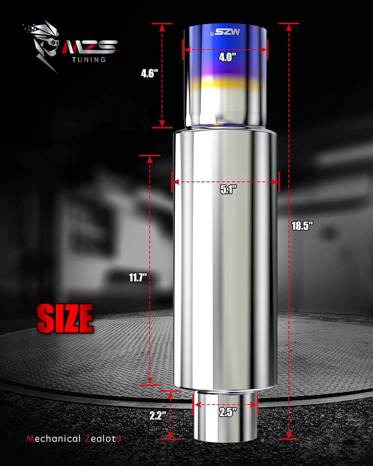 MZS Exhaust Muffler, 3" Inlet 4" Outlet 18.5" Length - Straight Through Universal