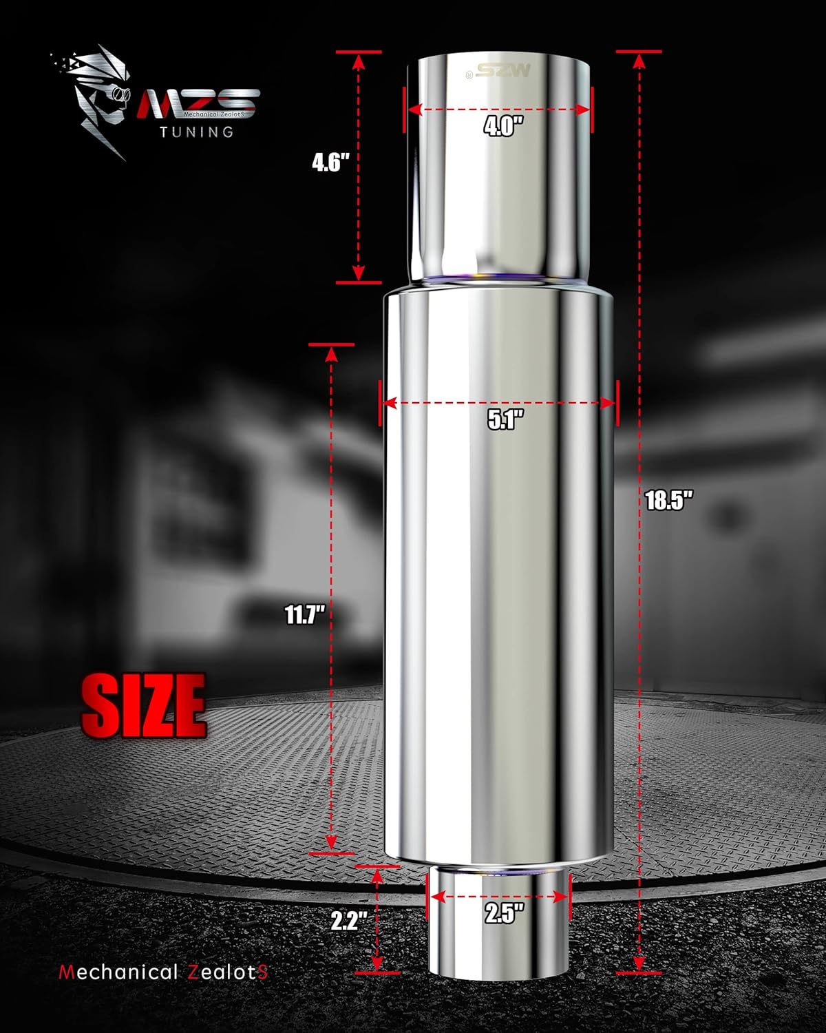 MZS Exhaust Muffler, 2.5" Inlet 4" Outlet 18.5" Length - Straight Through Universal