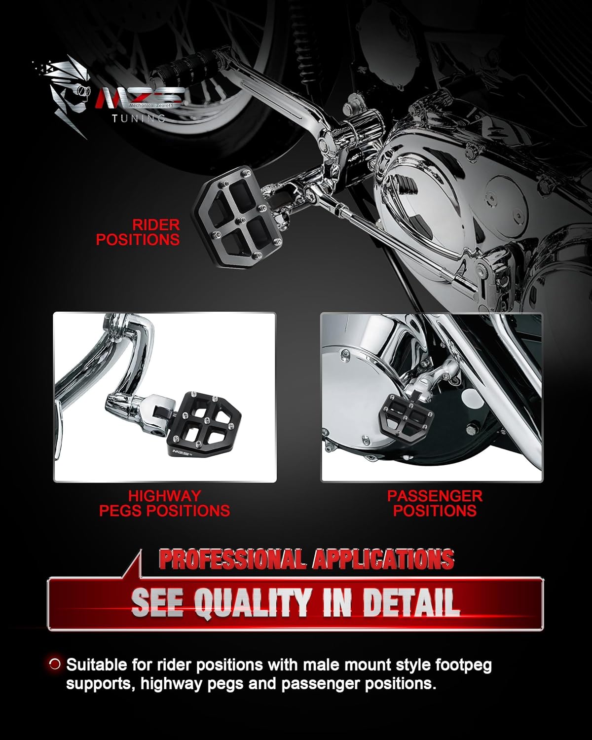 MZS Motorcycle Foot Pegs, Male Wide Footpegs, MX Chopper Bobber Style Rider Passenger Pedal Black Compatible with Sportster Softail Dyna Vrod Fat Boy Bob Iron Electra Street Glide Road King