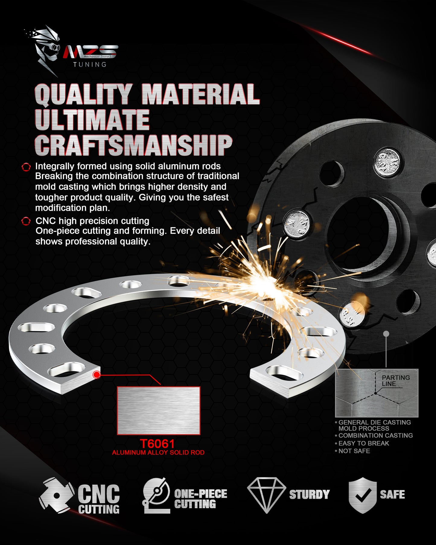 MZS 8x6.5 Wheel Spacers - 8x165.1 8x6.7 8x170 8x180 - M12 M14 1/2" 9/16" Fit 8lug Universal
