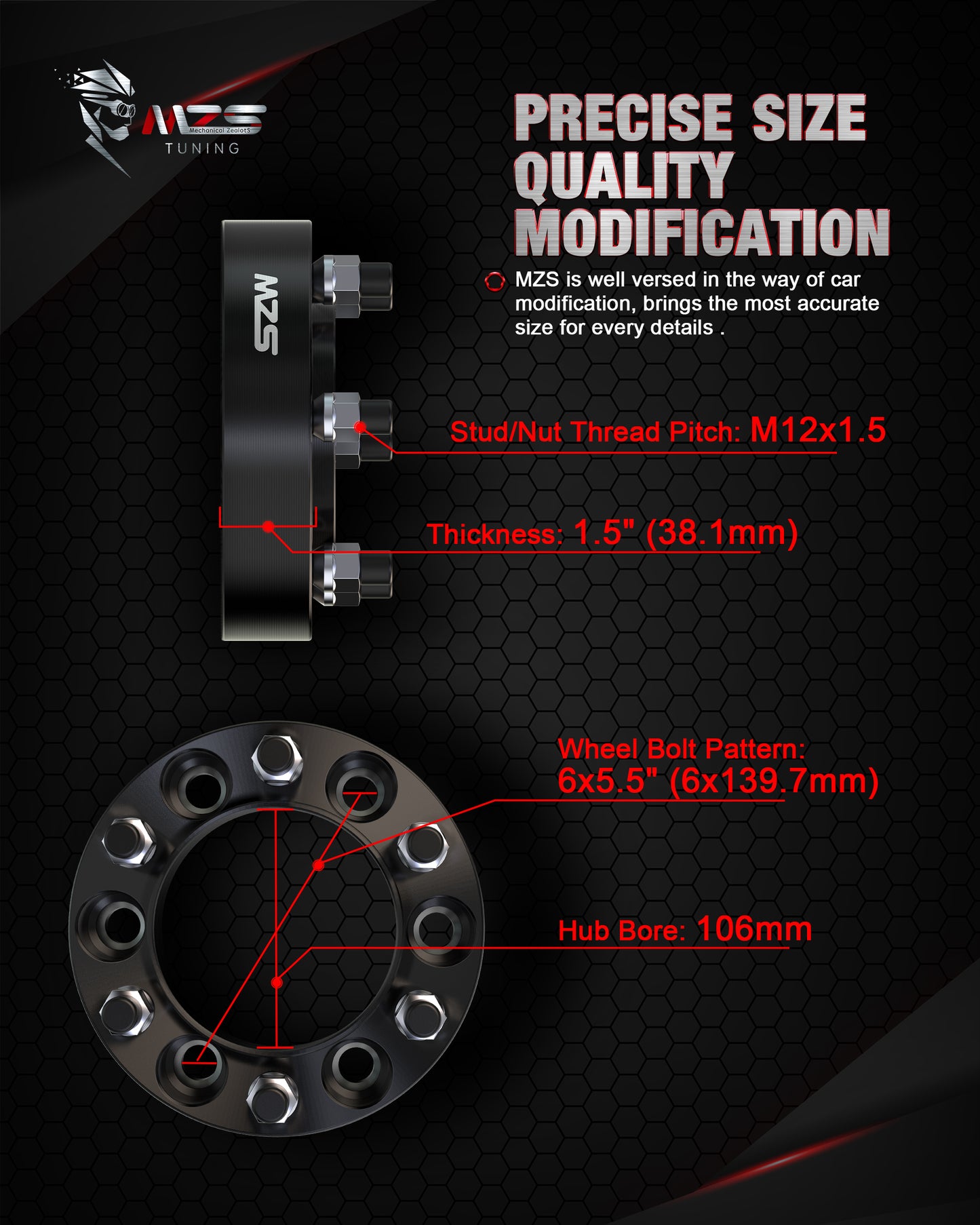 MZS 6x5.5 Wheel Spacers - 6X139.7 - 106mm M12x1.5 Fit for Toyota Tacoma / 4Runner / Tundra / FJ Cruiser